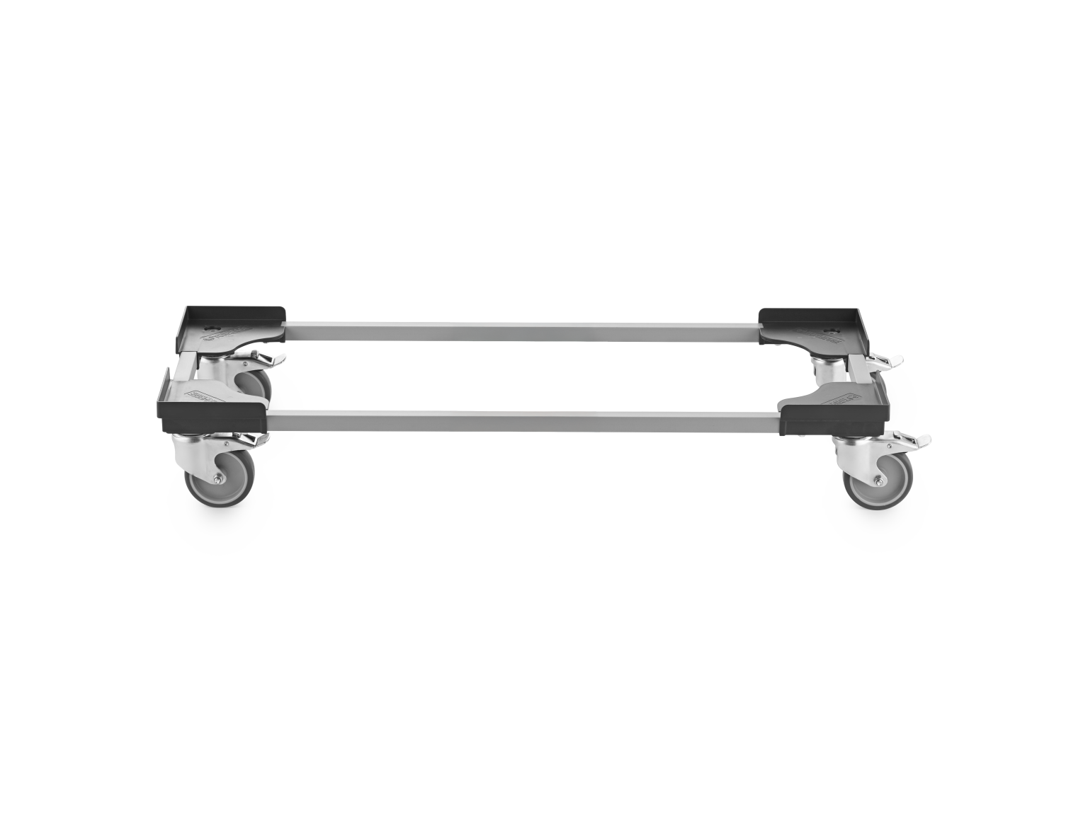 A transport trolley with a metal frame and four swivel castors is shown. The castors have a grey rubber outer and are mounted at each corner of the trolley-s base, designed for easy movement in industrial settings.