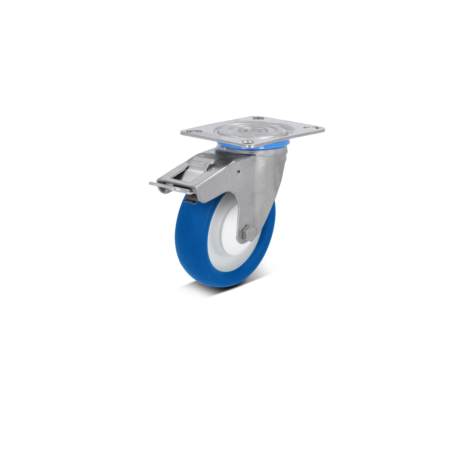 Zwenkwiel met een blauw rubberen loopvlak en een metalen bevestigingsplaat. Het wiel is ontworpen voor soepele verplaatsing in intralogistiek toepassingen.