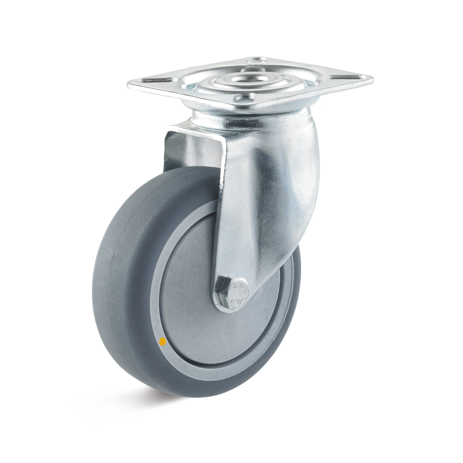 A swivel castor with a grey rubber wheel is mounted on a metallic bracket. The design includes a circular wheel and a flat mounting plate, showcasing a sturdy build suitable for industrial use.