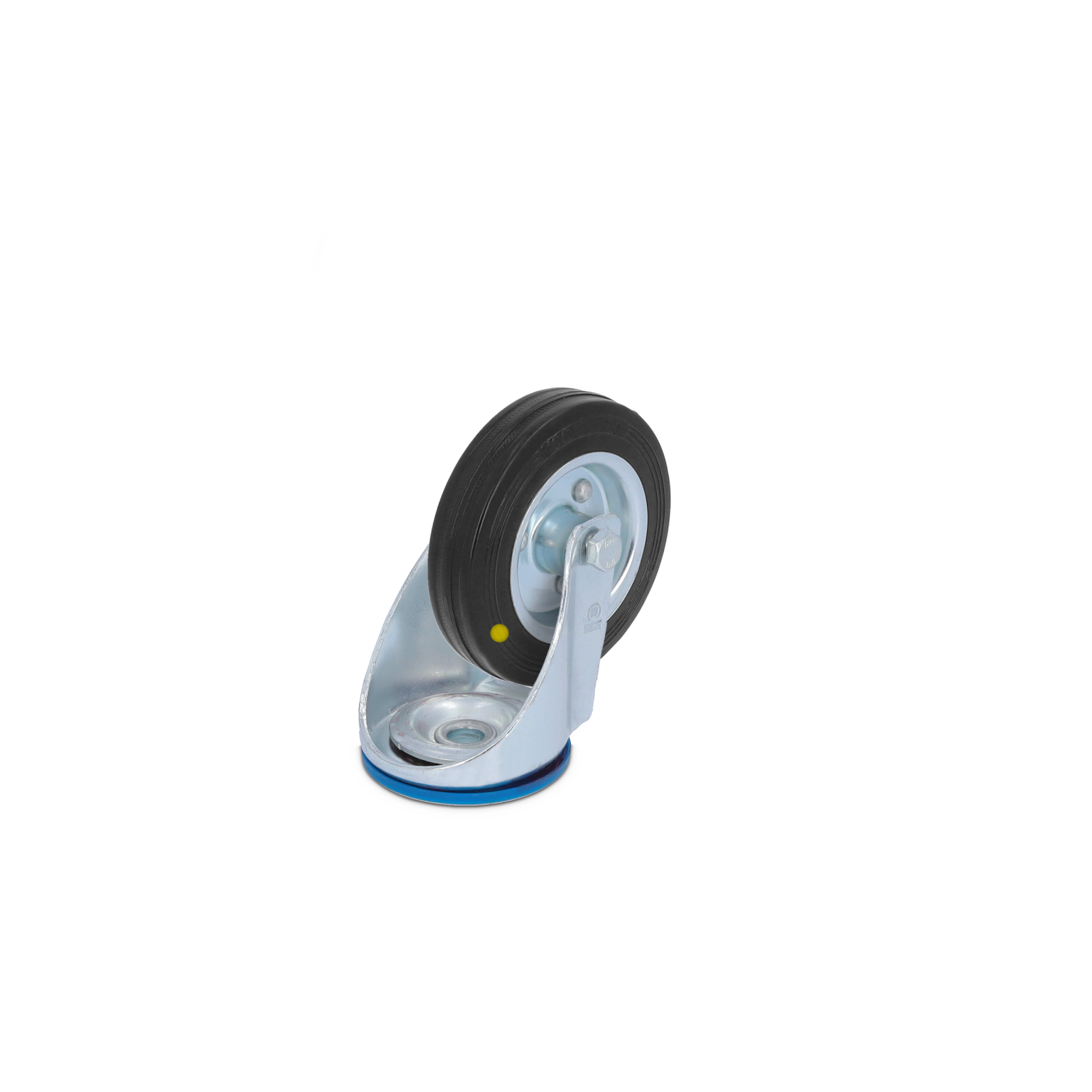 A gray metal swivel castor features a black rubber wheel mounted on a circular plate. The wheel is positioned for rotation and includes a yellow dot for identification, set against a white background.