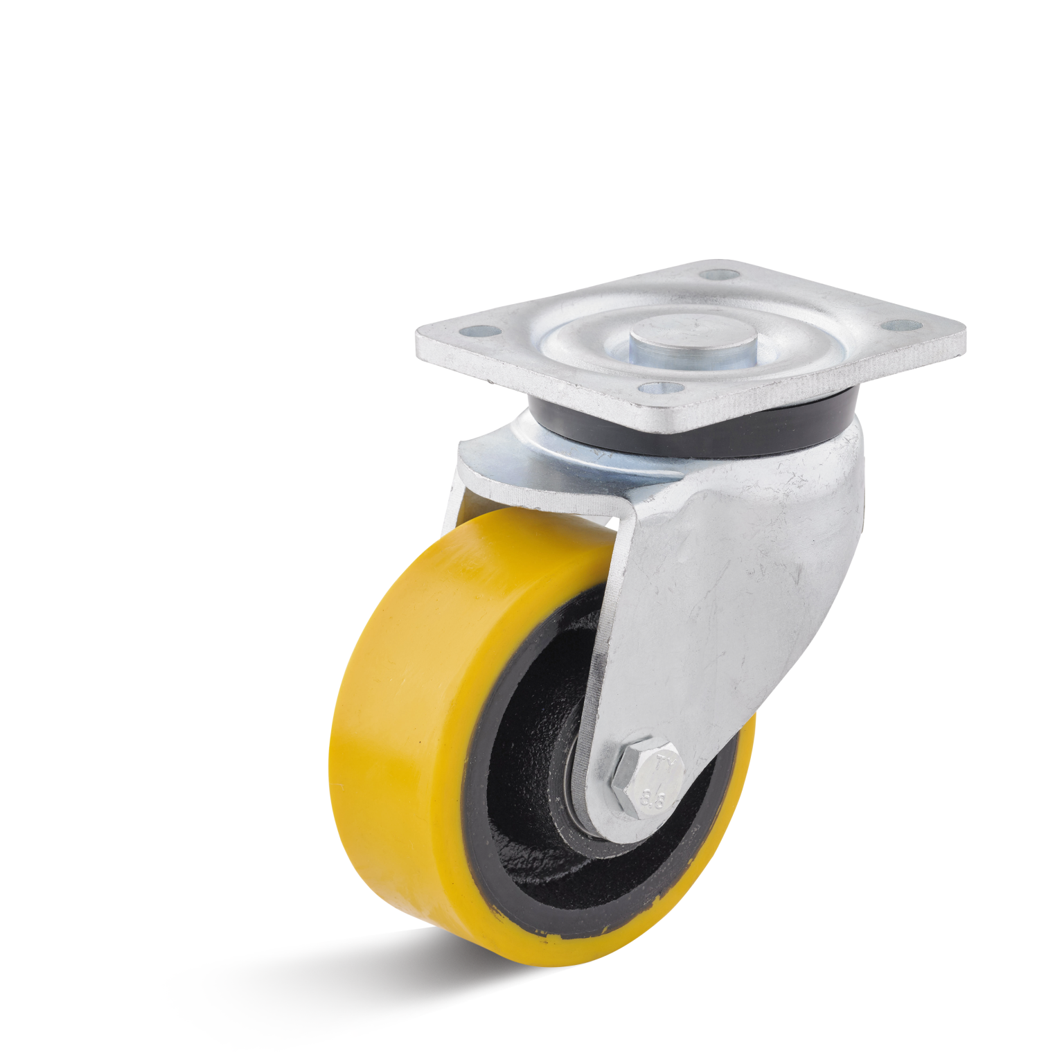 A yellow industrial castor with a black rubber core is attached to a silver metal mounting plate. The castor features a swivel design, suitable for various material handling applications.