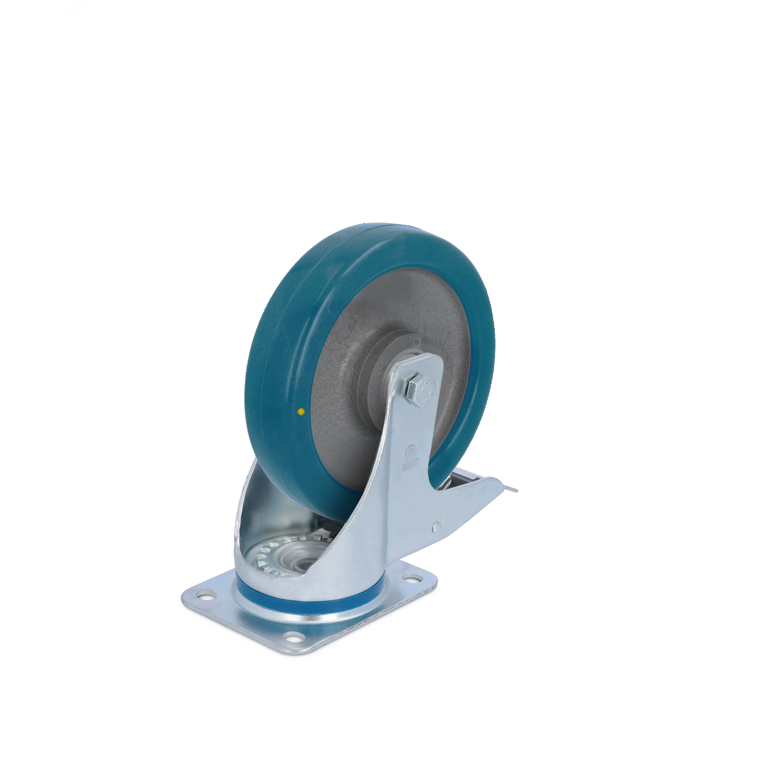 A blue industrial wheel with a steel mounting bracket is positioned at an angle. The wheel features a smooth surface and is mounted on a base with a circular bearing visible.