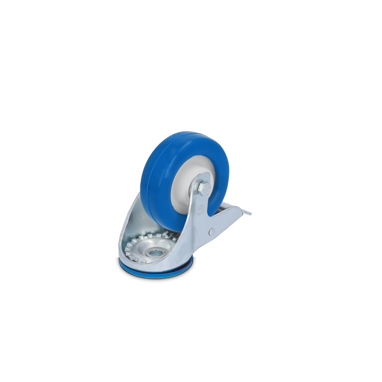 Industrie-Rolle mit einem blauen Gummi-Rad und einer silbernen Metallbefestigung. Das Rad hat einen weißen inneren Ring und ist auf einer verstellbaren Halterung montiert. Hintergrund ist einfarbig.