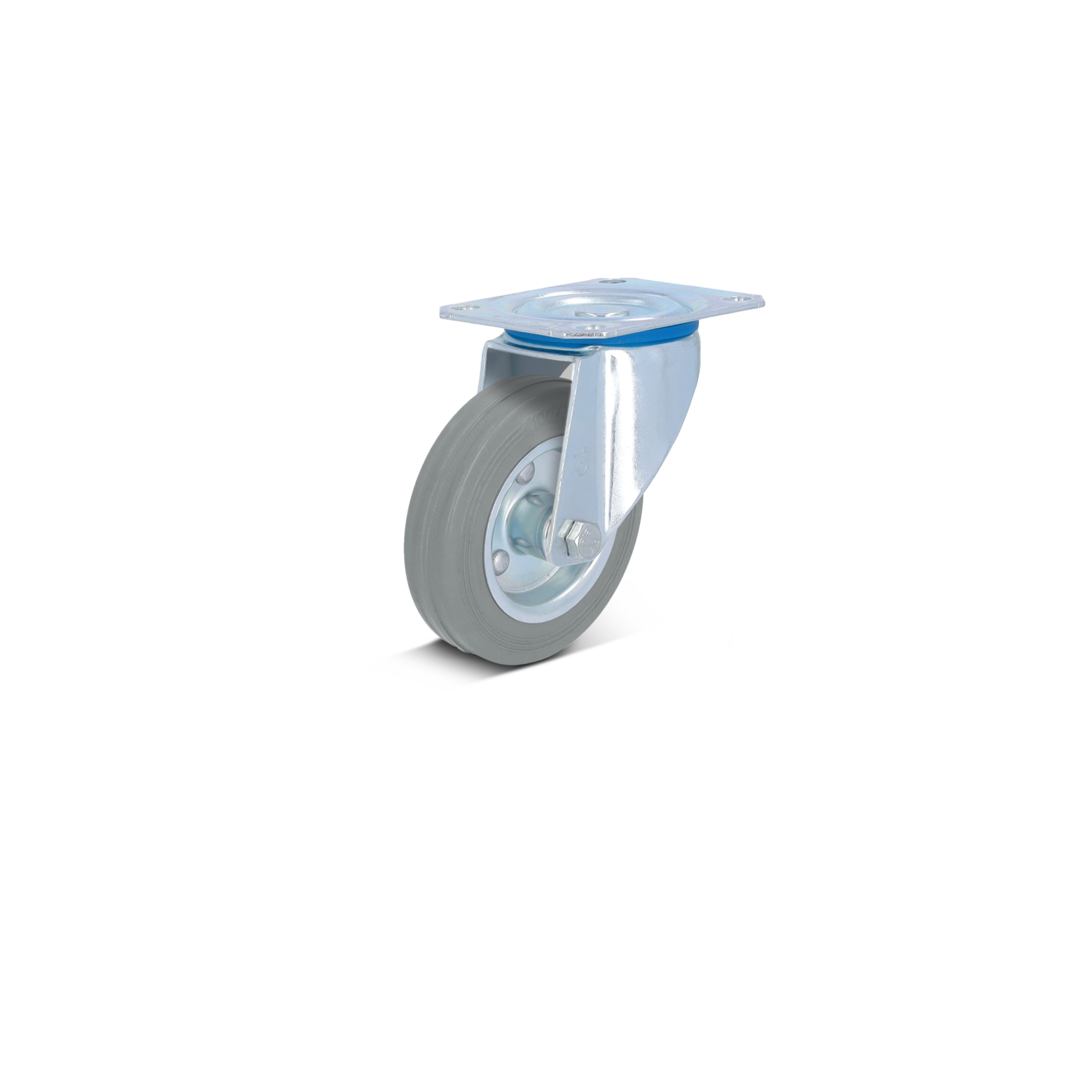 Zwenkwiel met een grijze rubberen band en een metalen bevestigingsplaat. Het wiel staat rechtop en toont een glanzende afwerking, geschikt voor diverse transportdoeleinden in een industriële omgeving.