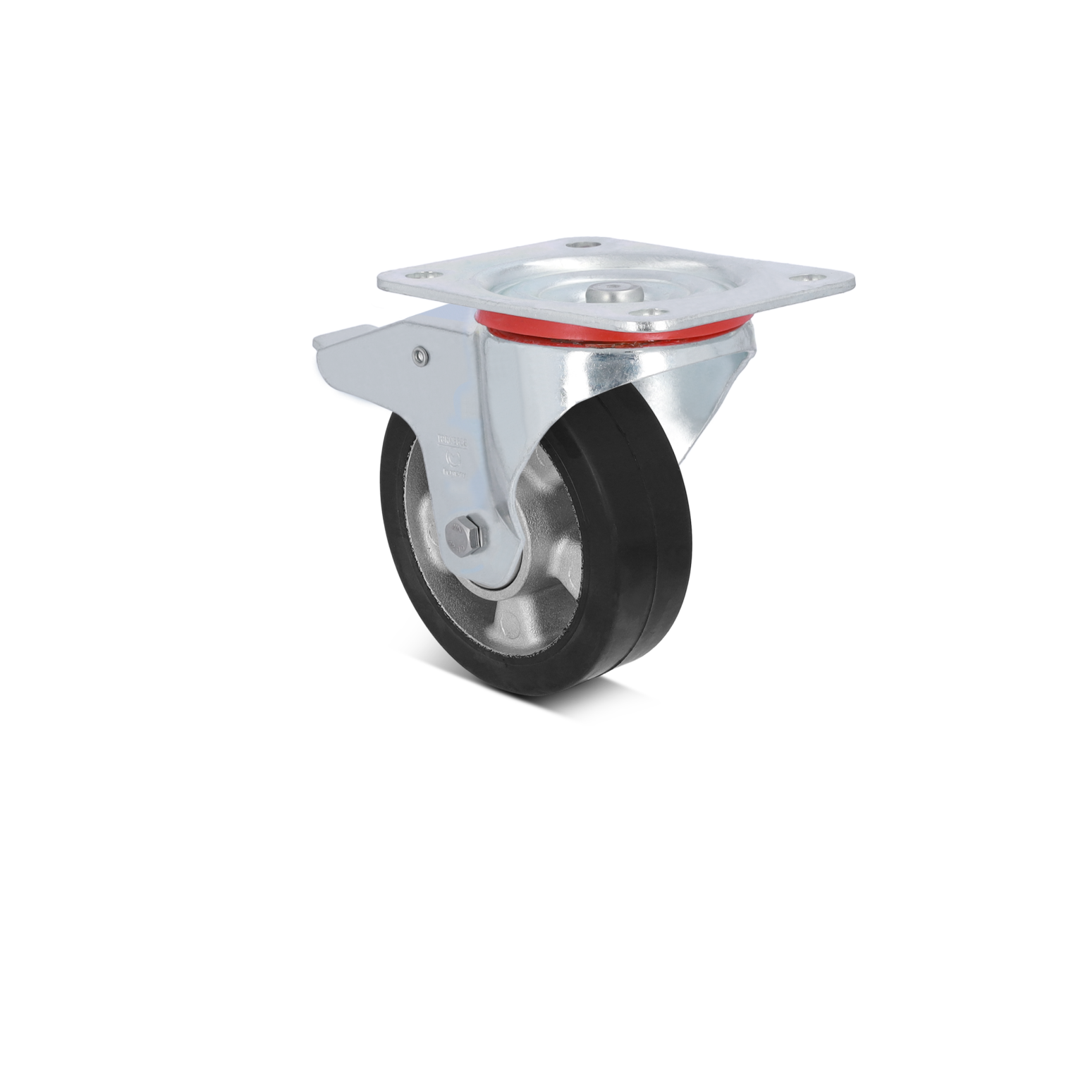 A swivel castor features a solid rubber wheel mounted on a metal frame with a rectangular plate. The wheel is designed for smooth movement and is positioned against a plain background.