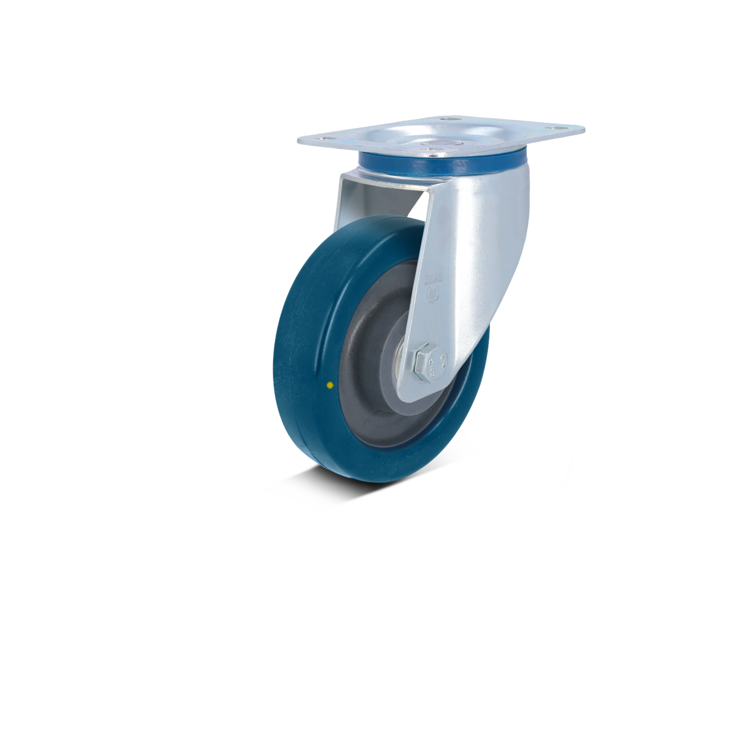 Industriële zwenkwiel met een blauwe rubberen band en metalen bevestigingsplaat. Het wiel is bevestigd met een bout en is ontworpen voor gebruik in materiaallogistiek.