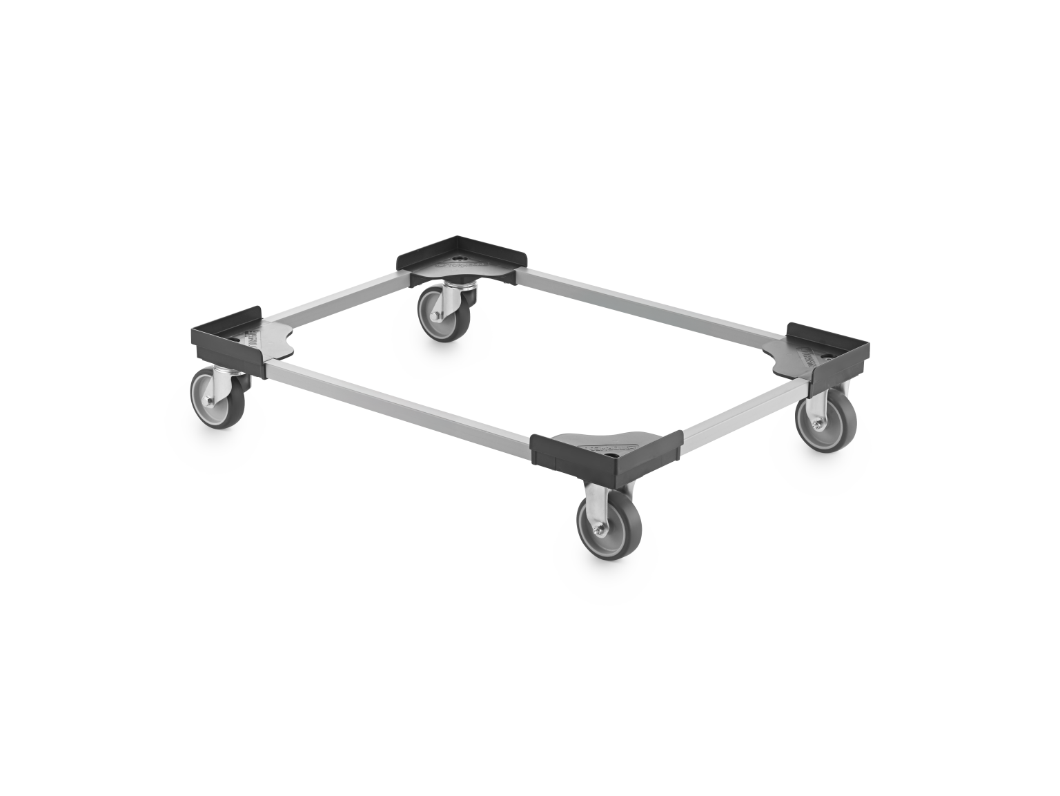 A flat transport trolley features a rectangular frame with four swivel castors mounted at the corners, designed for easy mobility in industrial settings. The structure is made of metal with black plastic corner fittings.