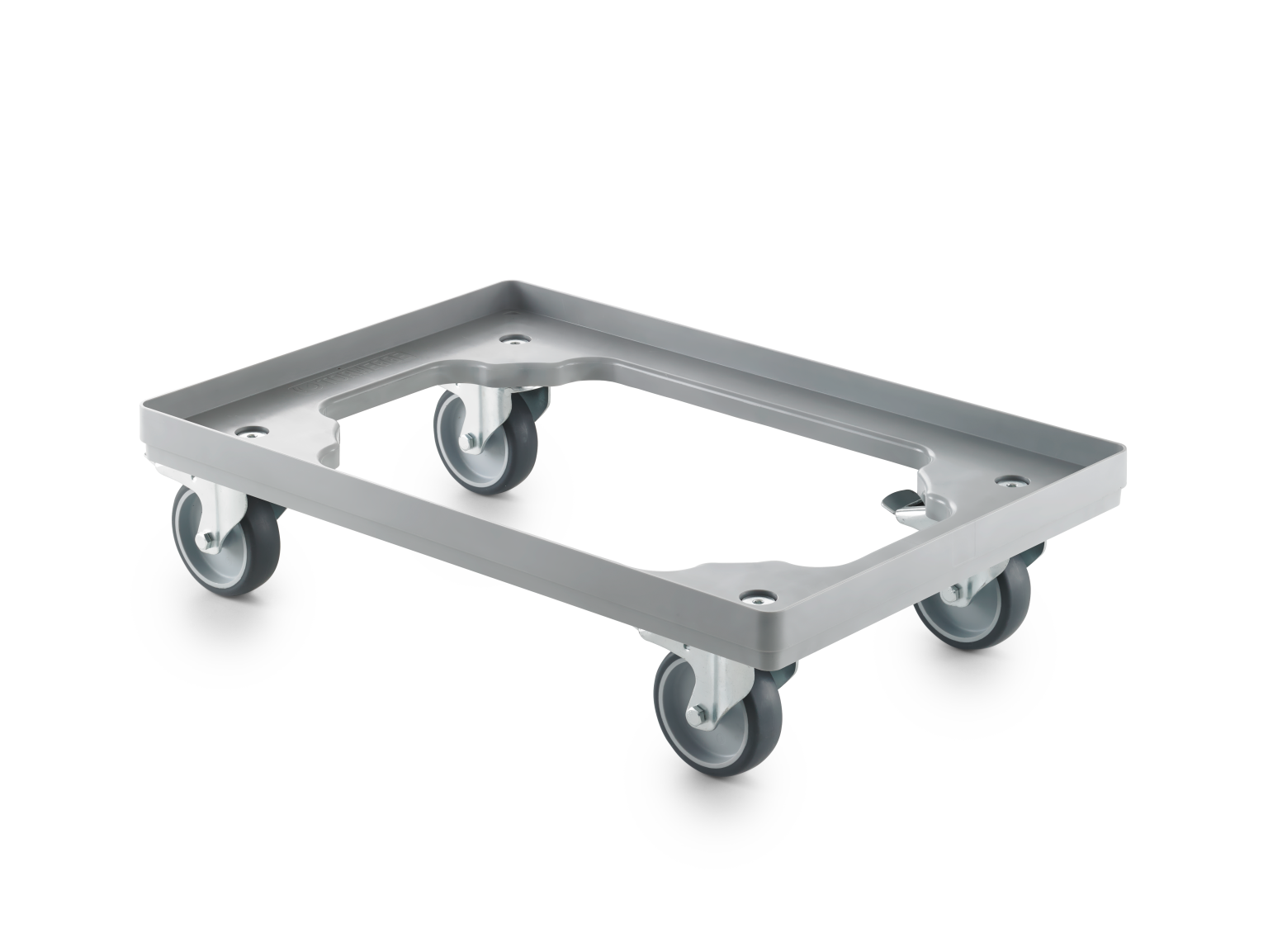 A gray transport dolly features four swivel castors for mobility, designed to carry loads. Its rectangular frame is open in the center, ideal for efficient material handling in warehouses or industrial settings.
