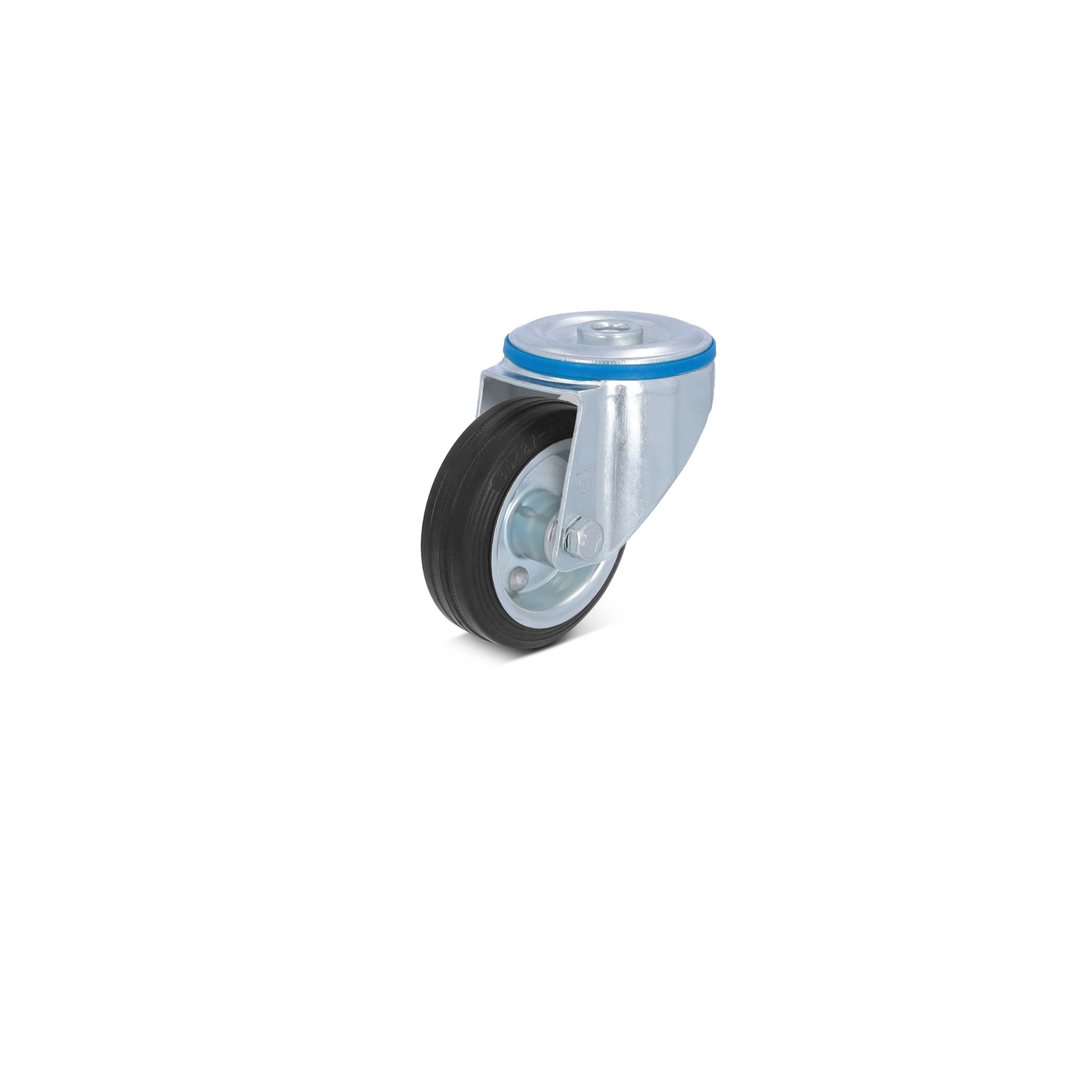 Een industriële zwenkwiel met een rubberen band en een metalen behuizing. Het is voorzien van een blauwe ring op de bovenkant en bevestigingsplaat. De achtergrond is neutraal.