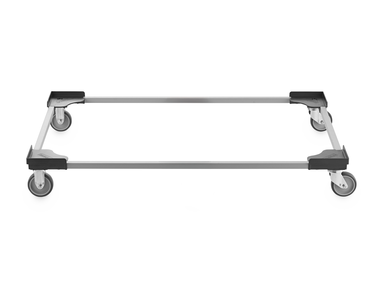 A transport trolley with a rectangular metal frame and four swivel castors is displayed. The castors are mounted at the corners, enabling easy maneuverability. The background is plain.