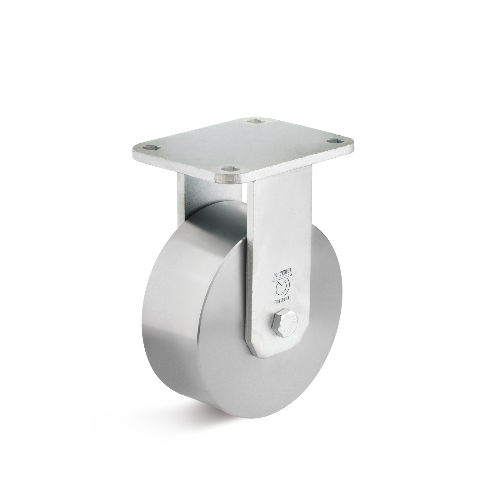 A metallic wheel with a flat mounting plate is prominently displayed. The wheel appears robust and is positioned at a slight angle. The background is minimal, emphasizing the wheel-s design and construction materials.