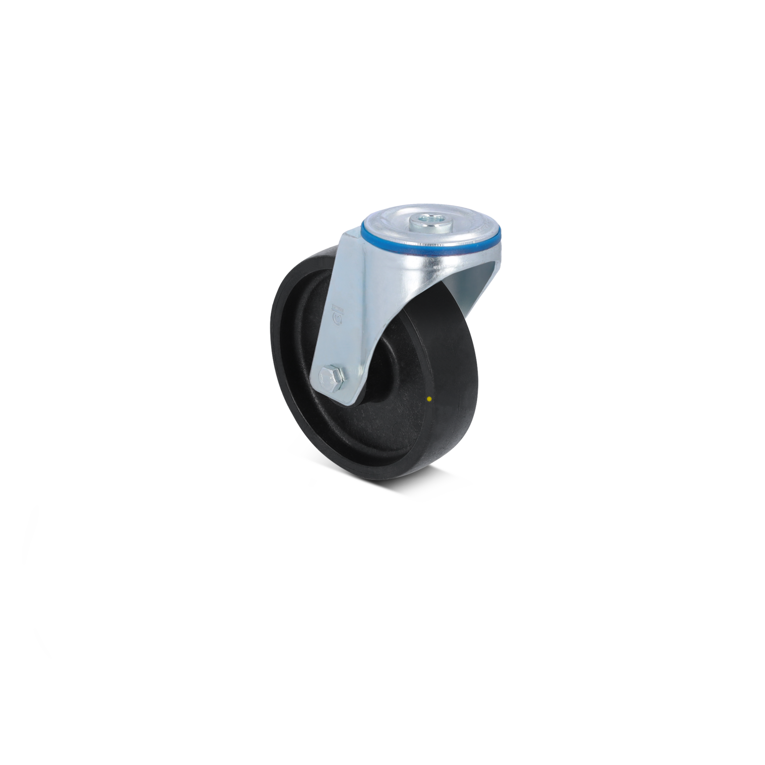 Zwenkwiel met een zwarte rubberen band en een metalen bevestigingsplaat. Het wiel staat rechtop en wordt gekenmerkt door zijn stevige constructie, ideaal voor gebruik in industriële omgevingen.