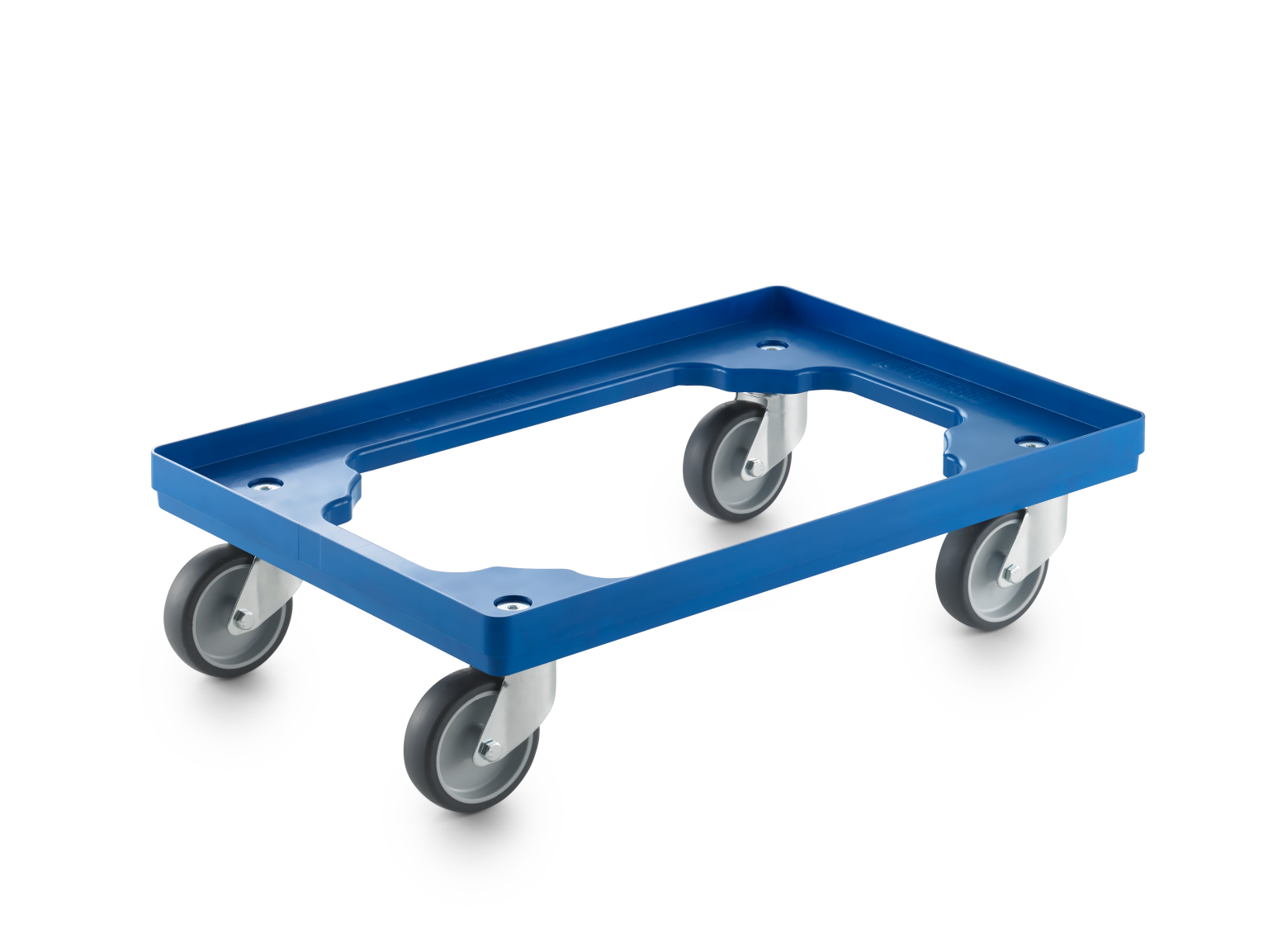 A blue transport trolley with a rectangular tray design and four swivel wheels is positioned at an angle. The trolley features rounded edges and a smooth, flat surface for easy loading.