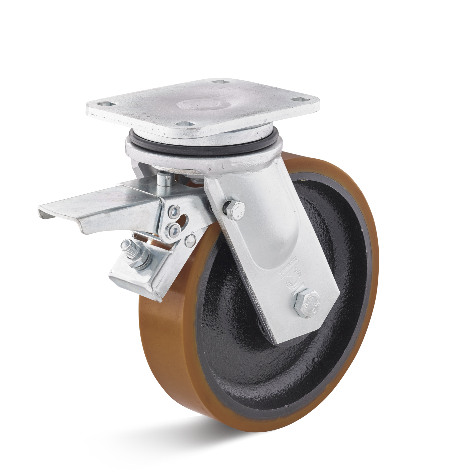 A swivel castor with a brown rubber wheel, mounted on a metal plate with four holes for attachment. It features a locking mechanism for stability, positioned against a neutral background.