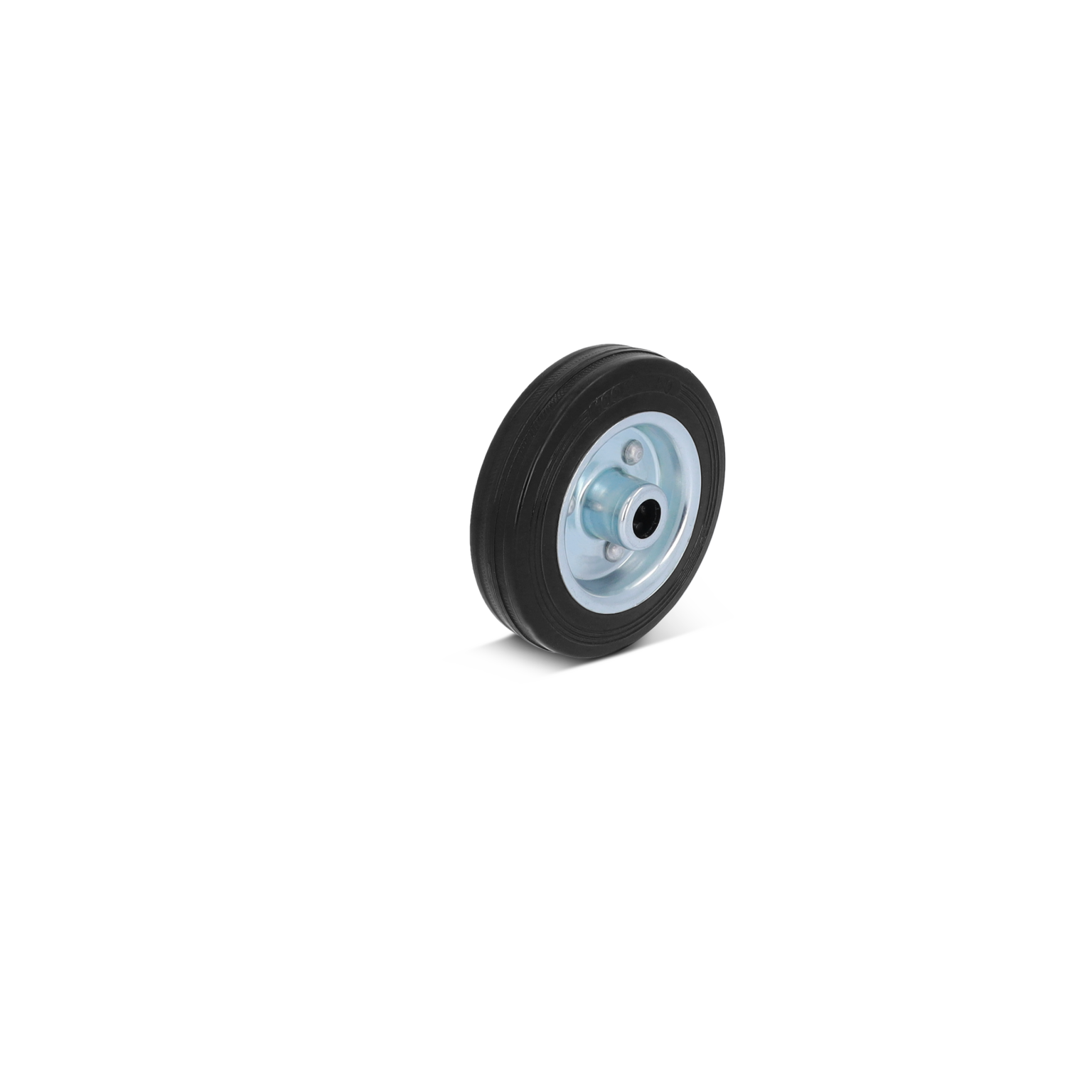 Rubber wiel met een metalen velg, zijkant zichtbaar. Het heeft een zilveren afwerking aan de binnenkant en een zwarte, stevige rubberen buitenrand. Achtergrond is eenvoudig en onopvallend.