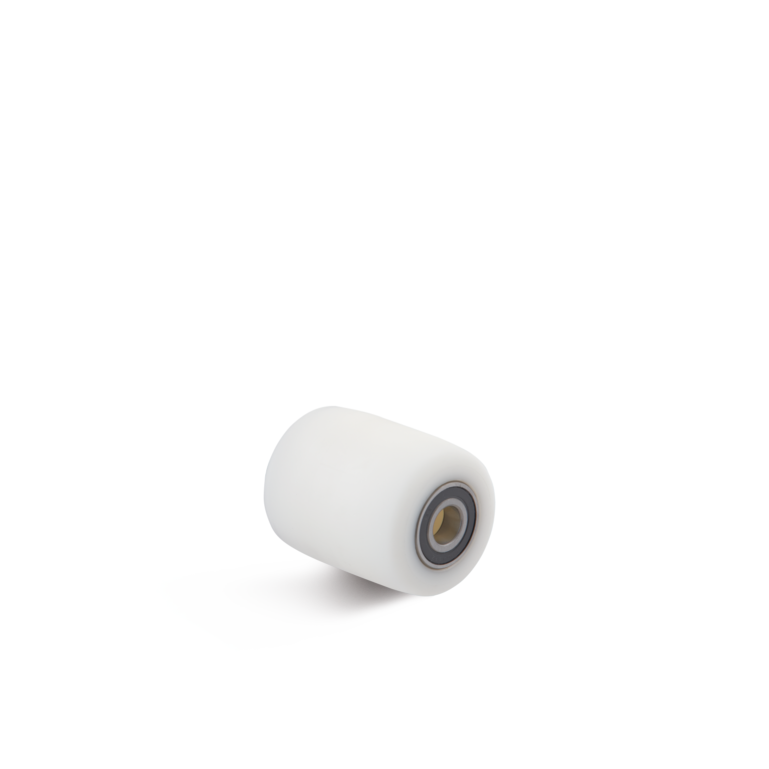 Witte conveyorrol met een metalen lager in het midden, liggend op een lichte achtergrond. De rol is cilindrisch en heeft een gladde afwerking voor eenvoudig transport.