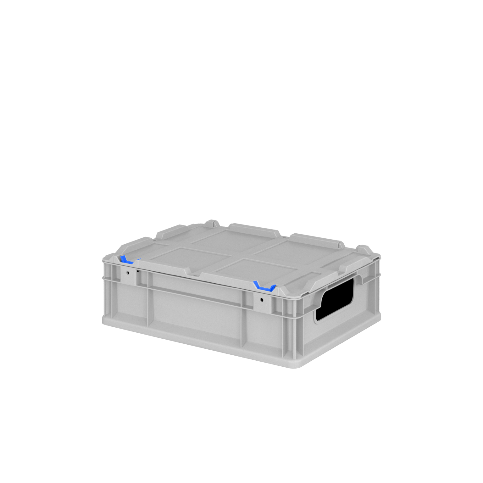 Transparente Kunststoff-Transportbox mit einem stabilen, flachen Deckel und blauen Clips zur Sicherung. Sie verfügt über seitliche Grifföffnungen zum einfachen Anheben und Transportieren, vor neutralem Hintergrund positioniert.