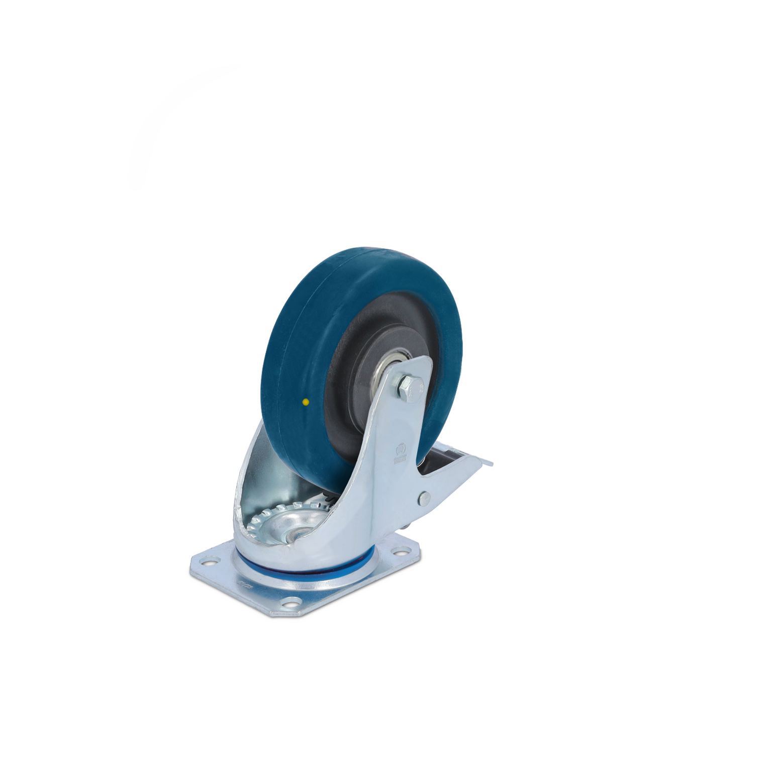 Zwenkwiel met een blauwe rubberen band en een metalen montageplaat. Het wiel is gemonteerd voor eenvoudige beweging. De achtergrond is een eenduidige kleur.