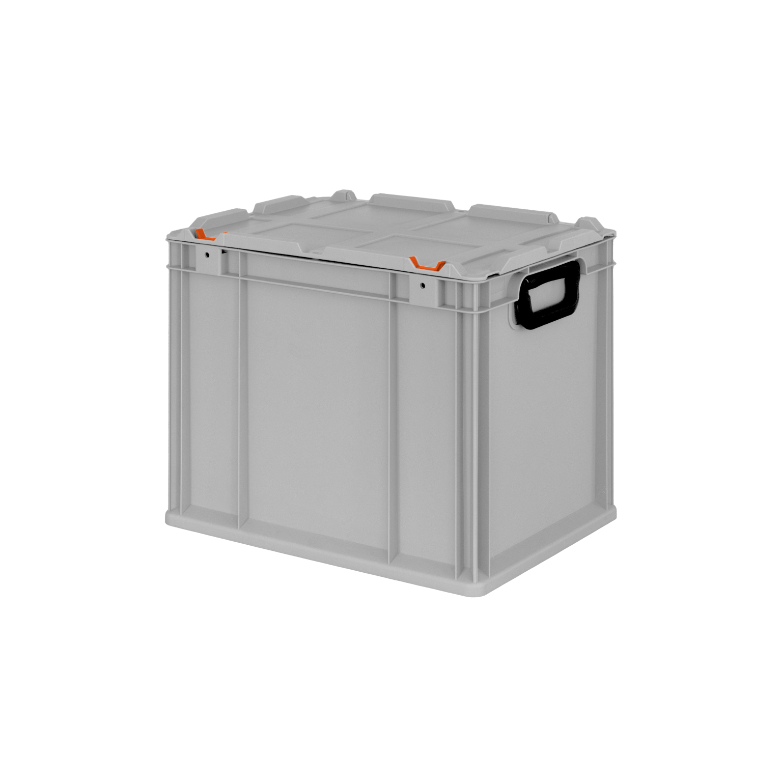 Kunststoffbox mit einem stabilen, grauen Gehäuse, einer abnehmbaren Oberseite und einem schwarzem Griff. Orangefarbene Verschlüsse ermöglichen sicheres Verschließen. Eignet sich für die Lagerung von Materialien im industriellen Bereich.