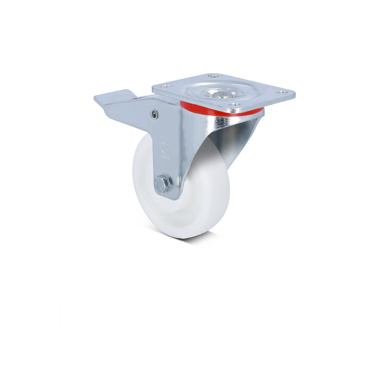 A swivel caster features a white wheel with a shiny metal housing and a mounting plate. It is designed for easy movement in industrial settings, potentially used for various transport applications.