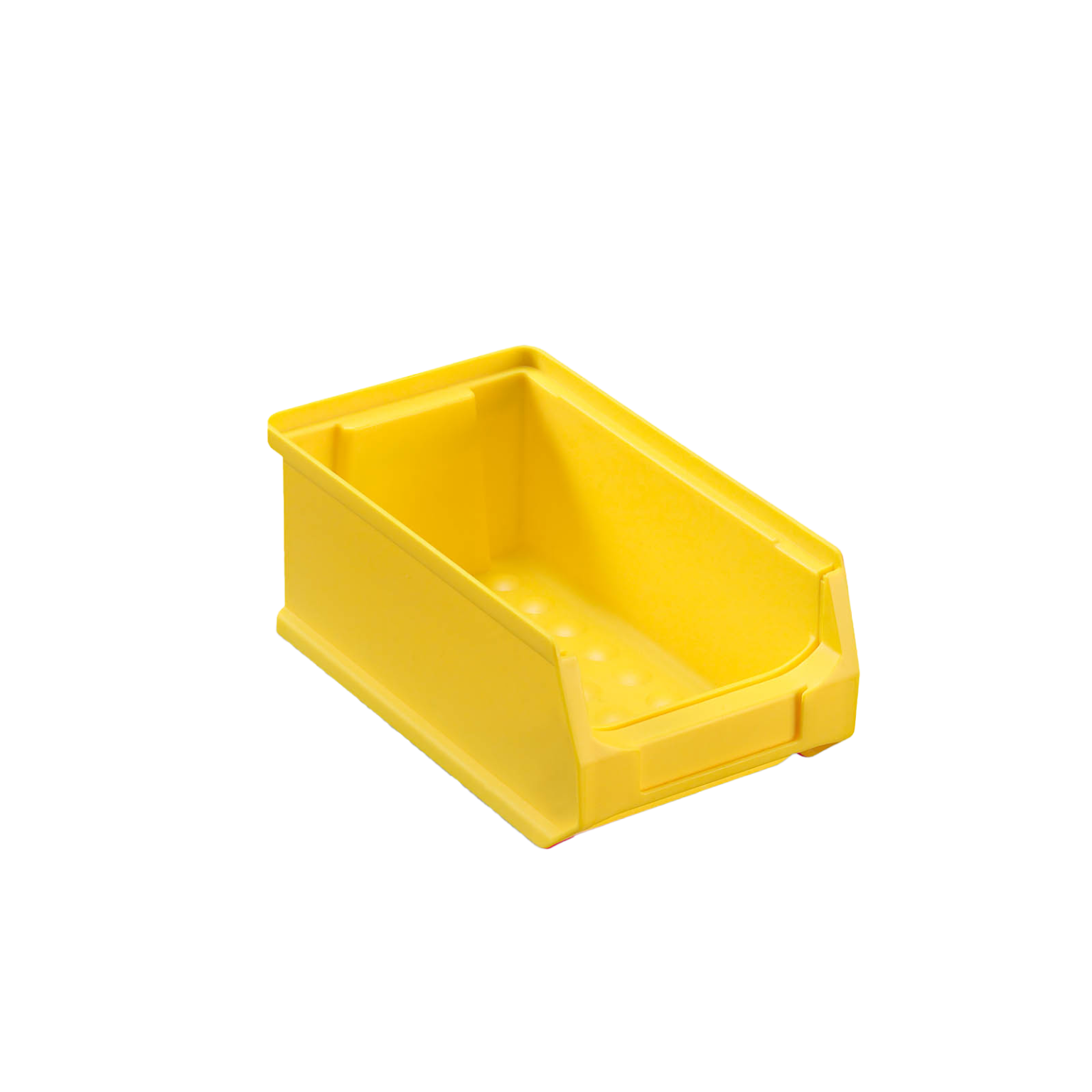 Gelbe Kunststoffbox mit offenem Design, rechteckig und ohne Deckel. Die Box hat glatte Wände mit einer strukturierten Innenfläche. Sie steht auf einer neutralen, dunklen Fläche.