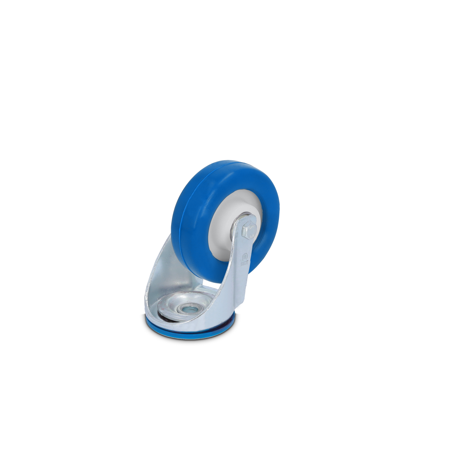 Een blauwe rubberen wiel met een witte kern is bevestigd aan een metalen plaat. Het wiel is gepositioneerd voor gebruik in een industriële omgeving, met een zilverkleurige bevestigingsbeugel.
