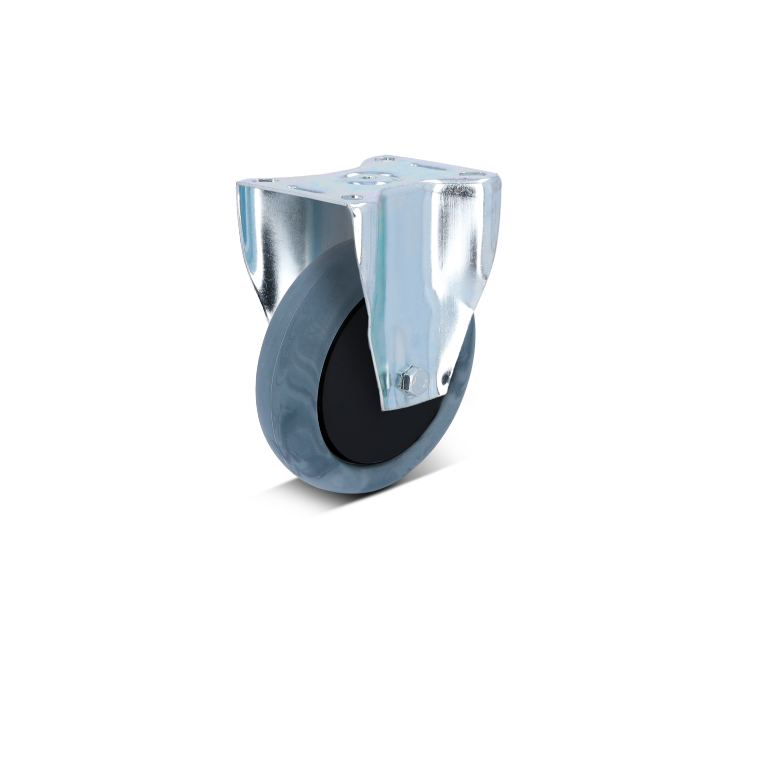 A grey rubber castor with a shiny silver metal mounting plate is positioned upright. The mount features a rounded design and visible attachment holes for secure installation, set against a plain background.