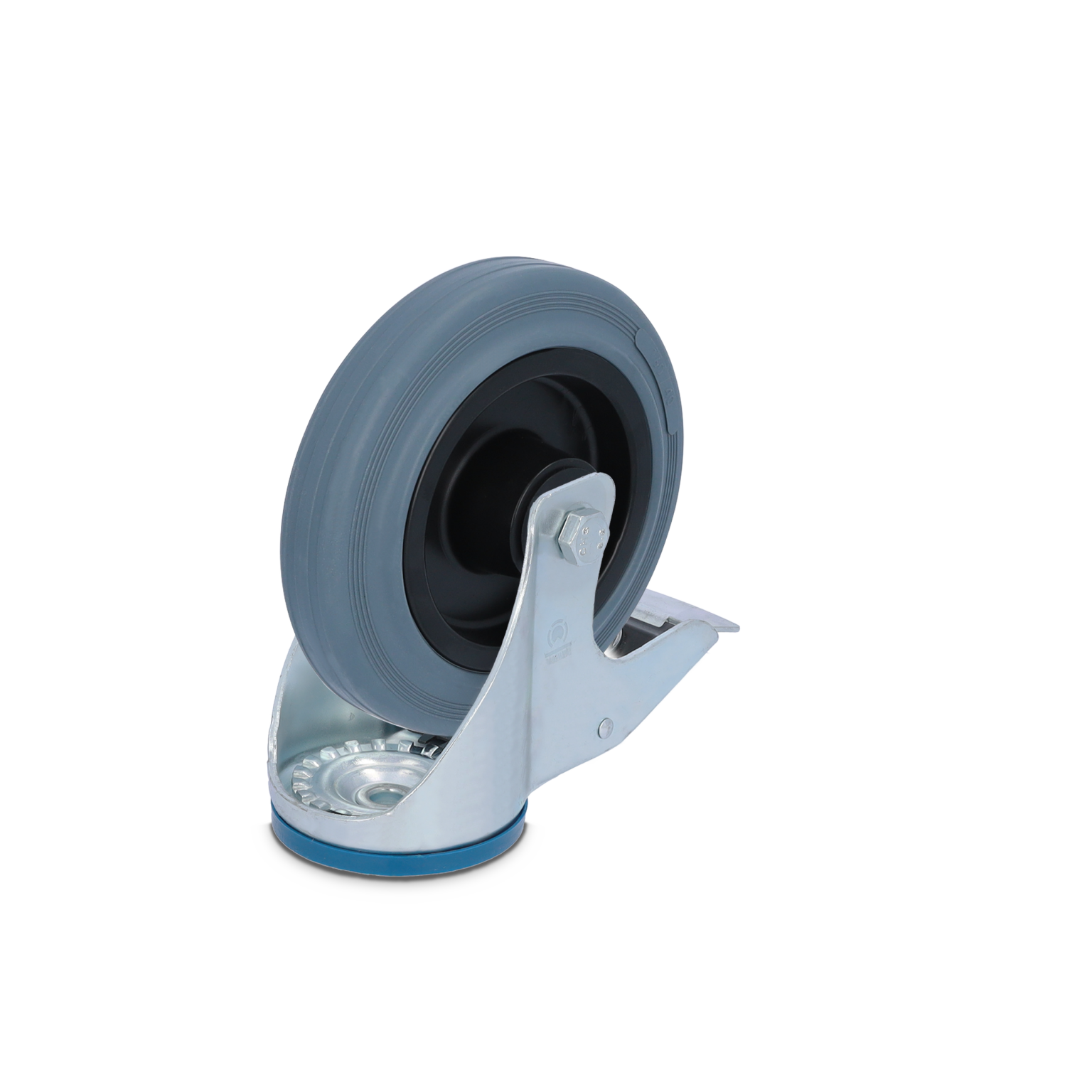 Zwenkwiel met een grijze rubberen band en een zwarte binnenkern, bevestigd aan een metalen voetplaat. De voetplaat heeft een enkele draaikrans voor soepel draaien, gericht op gebruik in een industriële omgeving.
