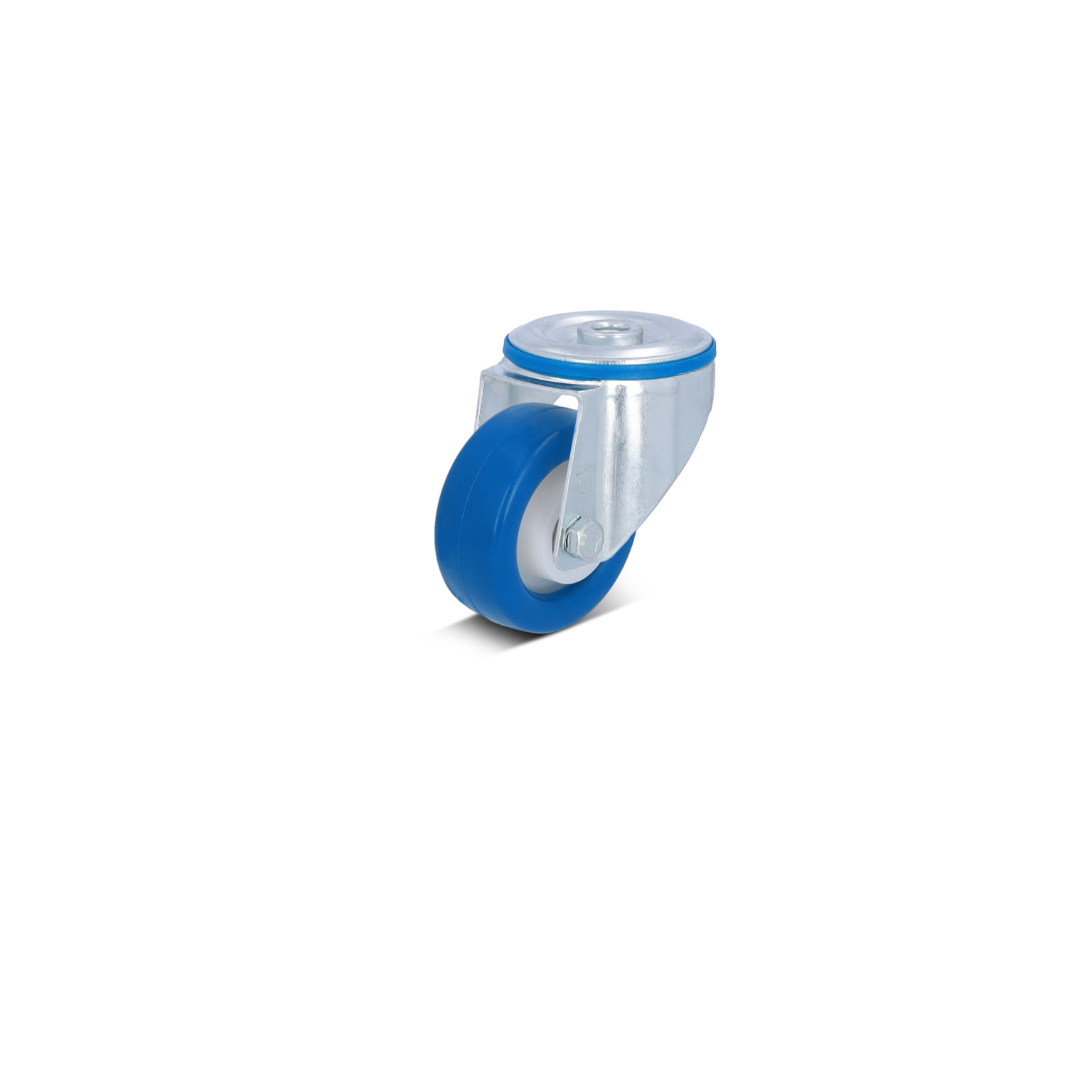 Zwenkwiel met een blauwe rubberen band en metalen bevestigingsplaat. Het wiel is voorzien van een moer en is gepositioneerd om te draaien in een industriële omgeving.