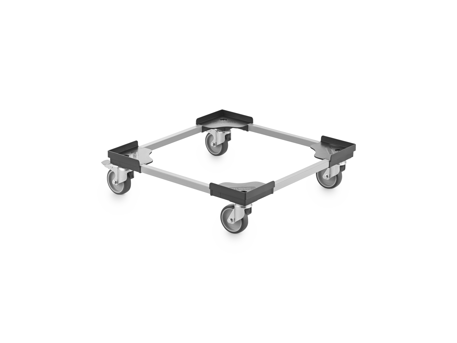 A transport dolly features a rectangular frame with four corner castors. The frame is made of metal, with plastic bumpers on each corner, suitable for moving heavy items in an industrial environment.