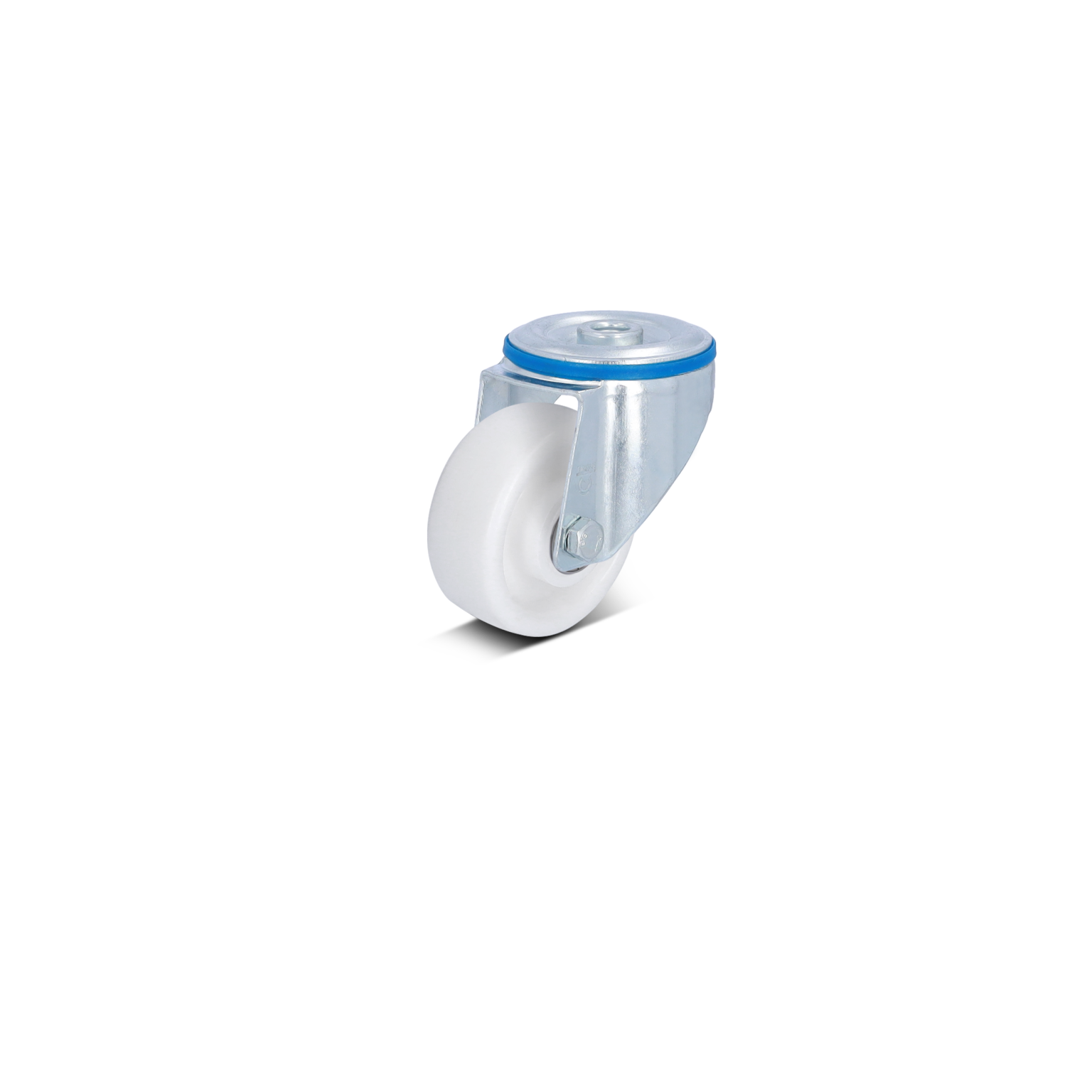 A small industrial caster wheel features a white plastic wheel attached to a metal bracket with a blue accent. It is designed for mobility in material handling contexts, displaying robust construction for durability.