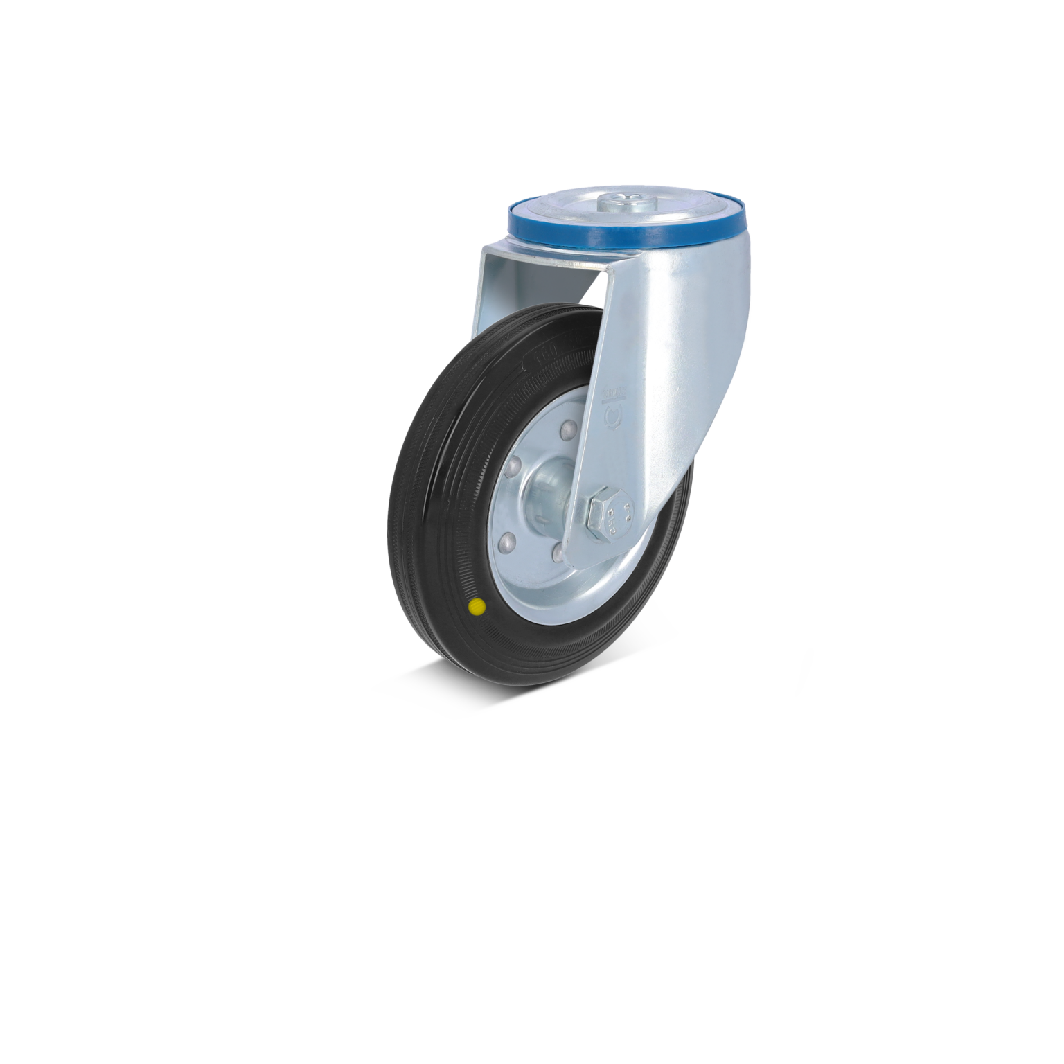 A single industrial wheel with a black rubber tire mounted on a metallic swivel bracket. The wheel features a blue rim and visible mounting plate, set against a neutral background.