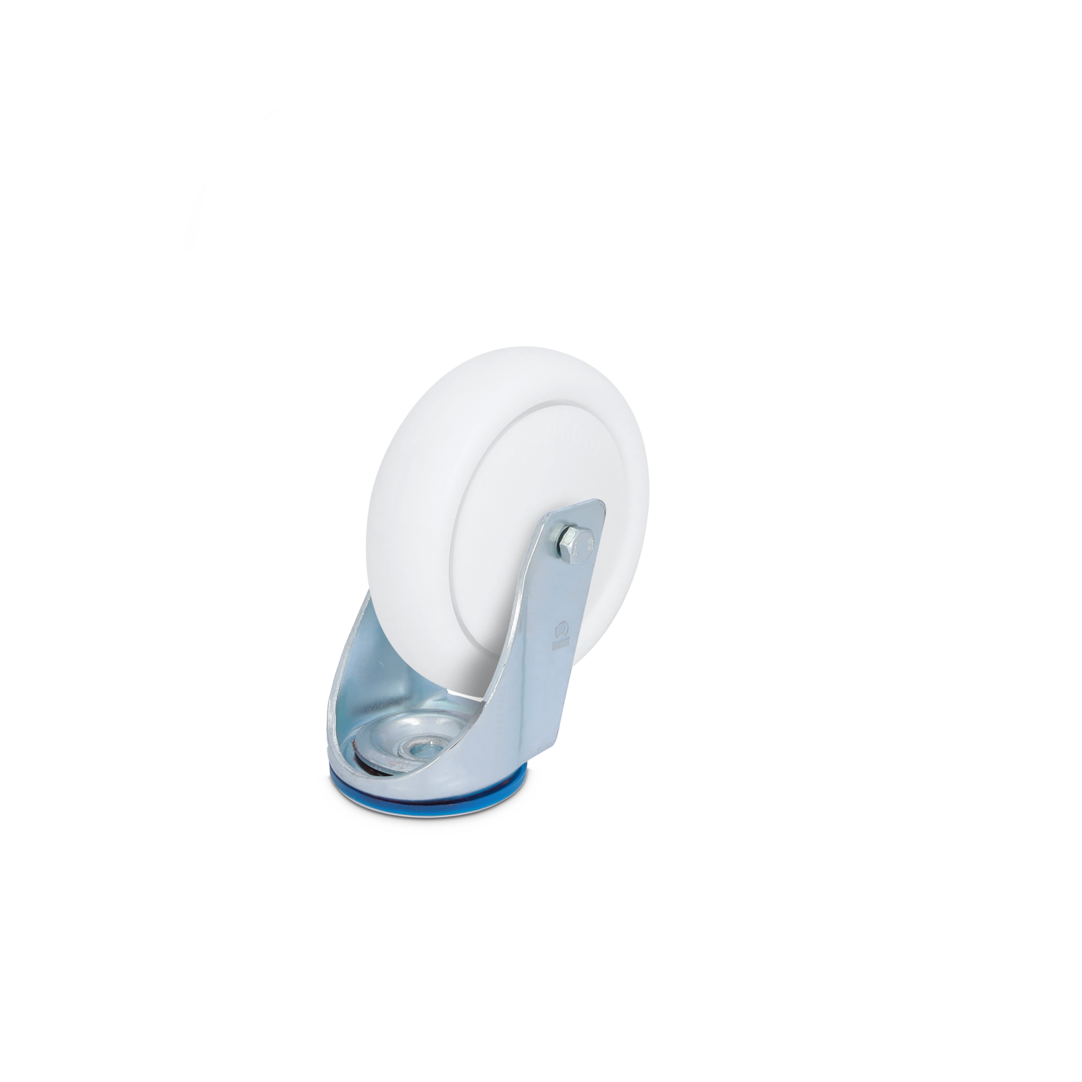 A white industrial wheel mounted on a shiny metal bracket. The bracket has a swivel design, allowing the wheel to rotate easily. It is set against a plain background.