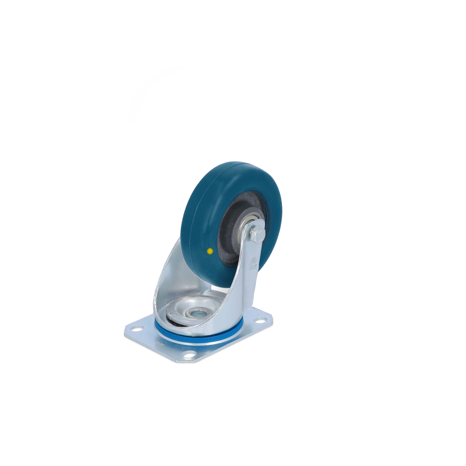 Zwenkwiel met een blauw rubberen wiel en een metalen montagesteun. Het wiel is bevestigd aan een metalen basis met een glanzende afwerking, geschikt voor transporttoepassingen.
