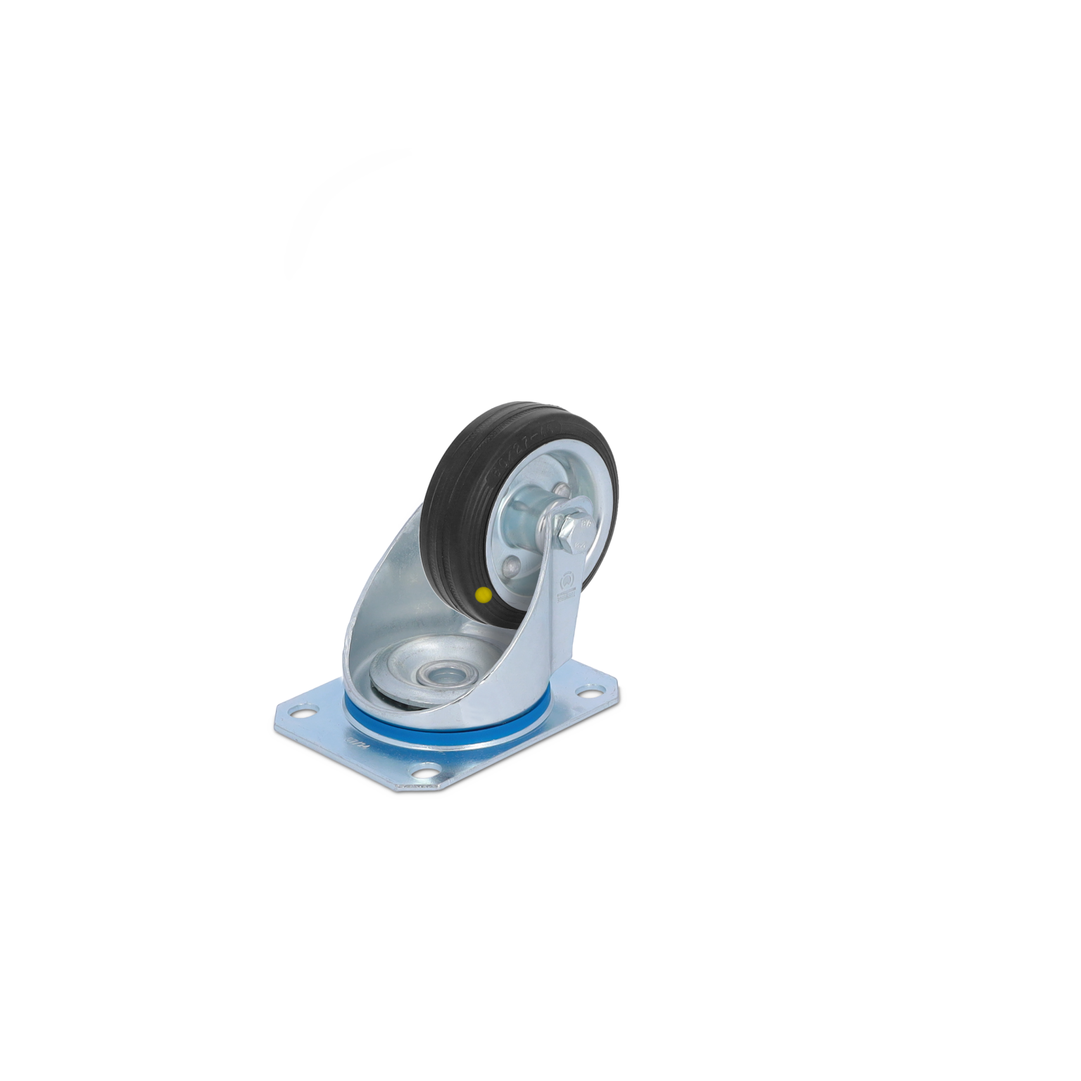 A swivel caster wheel features a black rubber tire mounted on a metallic bracket. The bracket has a blue base plate with four mounting holes, positioned at an angle for mobility.