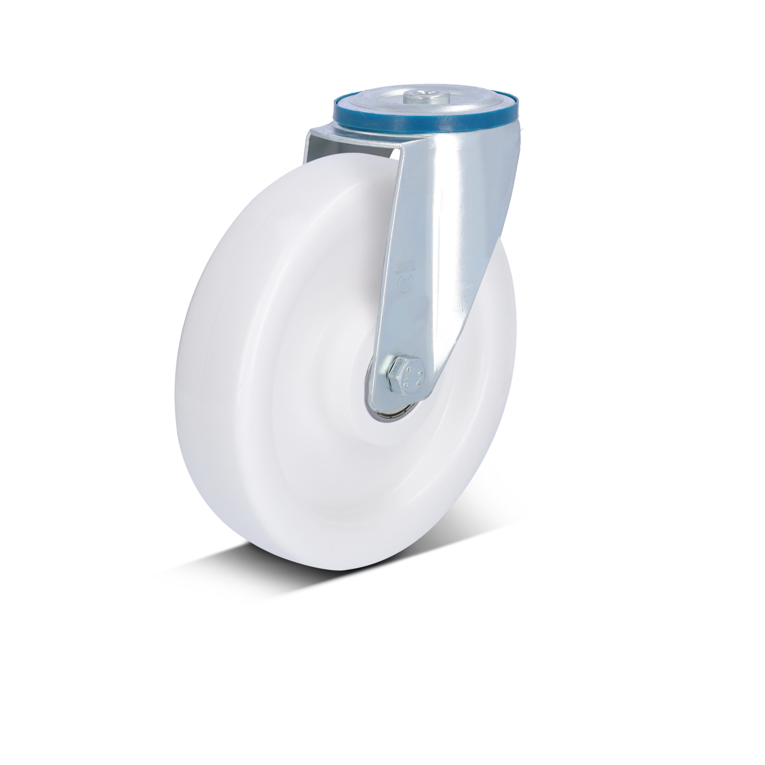 A white industrial wheel is attached to a metal swivel bracket. The wheel features a smooth surface and is mounted via a bolt, suitable for various material handling applications. The background is solid black.