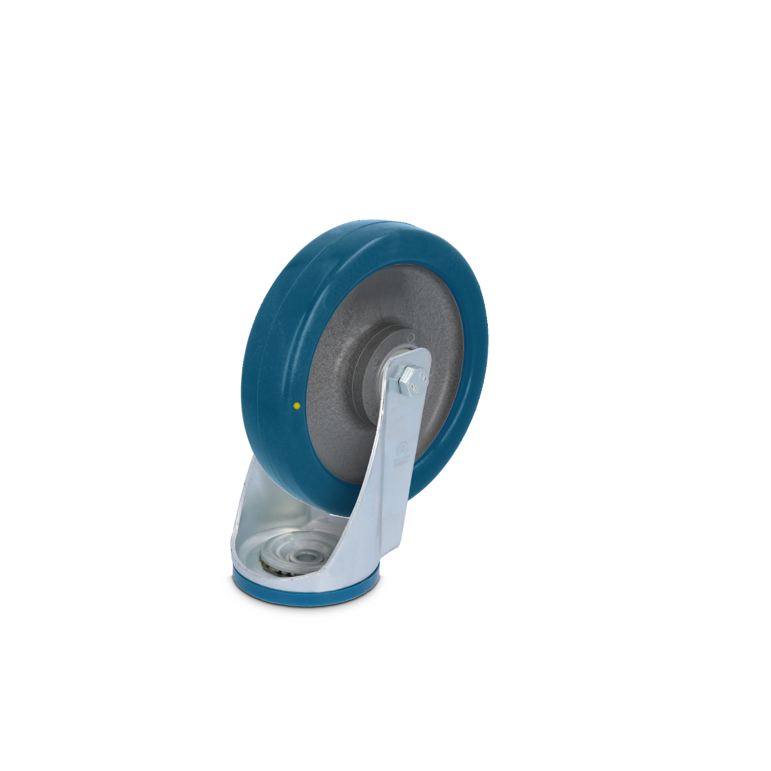 Blauwe industriële wiel met een metallic montageplaat, draaiend en gepositioneerd voor gebruik. Het wiel heeft een stevige rubberen buitenkant en een metalen kern, geplaatst op een lichte achtergrond.