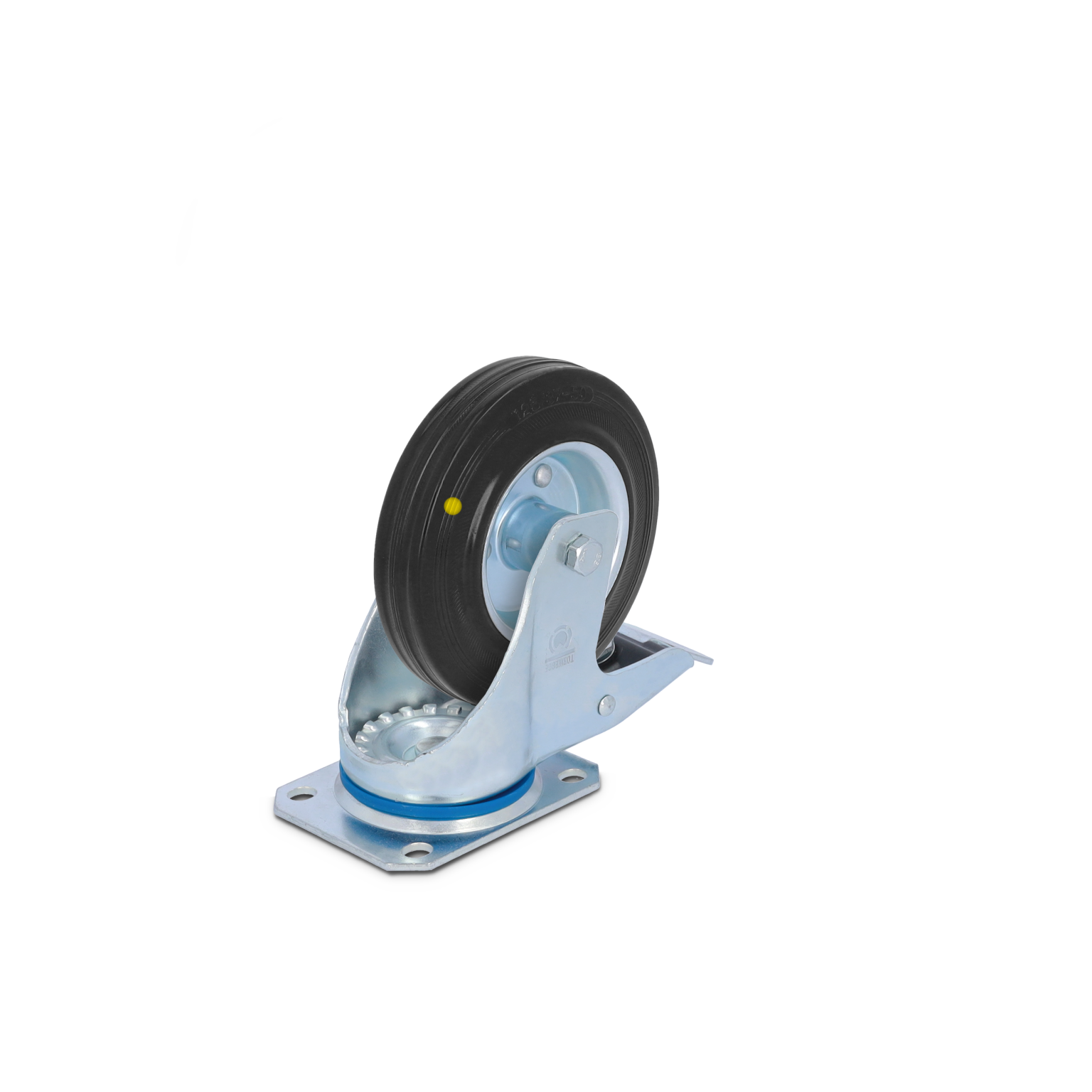 A heavy-duty swivel castor with a rubber wheel is mounted on a metal swivel plate. The wheel features a blue hub and a yellow marking, set against a minimal background.