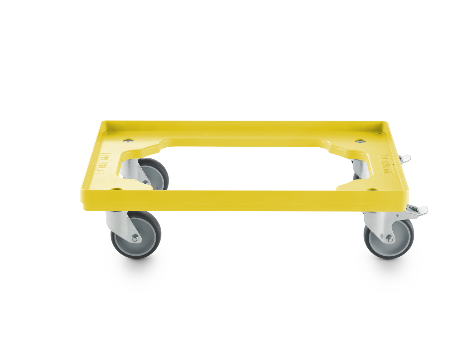 A yellow transport trolley features a flat, rectangular base with a central handle for maneuvering. It is equipped with four swivel castors for mobility, positioned on a smooth surface.