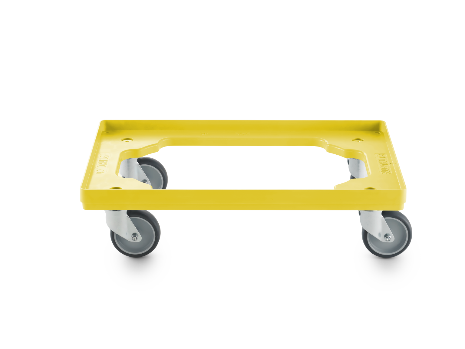 A yellow plastic transport dolly features a flat platform with side handles and mounted swivel castors. It is positioned against a neutral background, indicating its use in material handling.