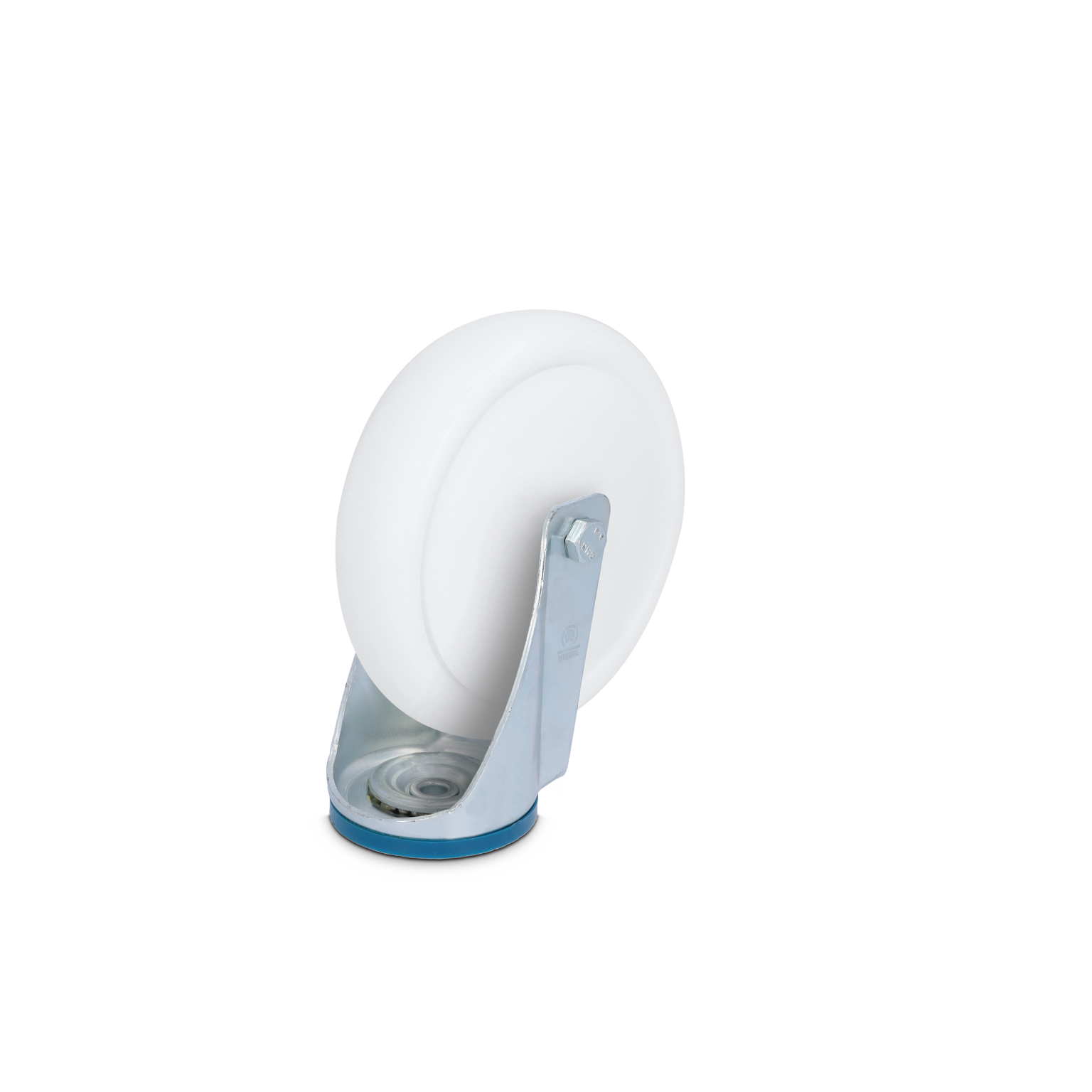 White industrial wheel mounted on a metal plate, featuring a silver bracket. The wheel is positioned upright and showcases a smooth surface, designed for material handling applications.