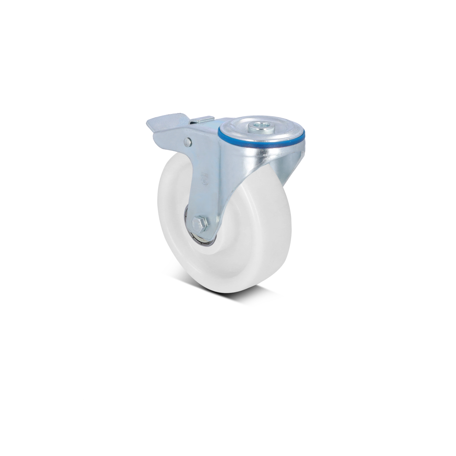 A white plastic castor wheel with a metal mounting plate is shown. The wheel-s surface is smooth, indicating suitability for various surfaces, while the metal parts provide structural support. The background is plain.