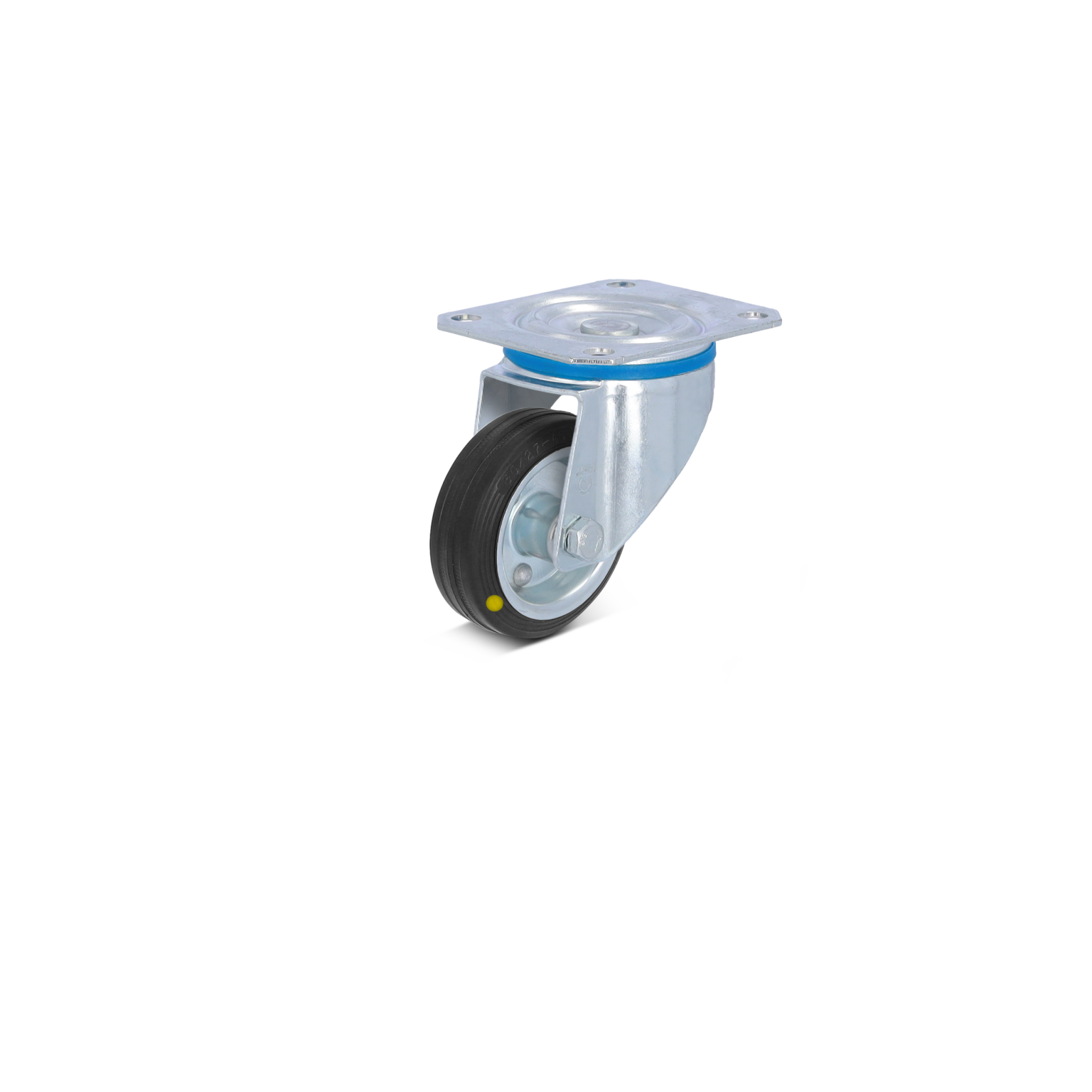 A swivel castor with a metal plate features a black rubber wheel, metallic housing, and a blue accent ring. It is positioned upright against a blank background, suitable for industrial applications.