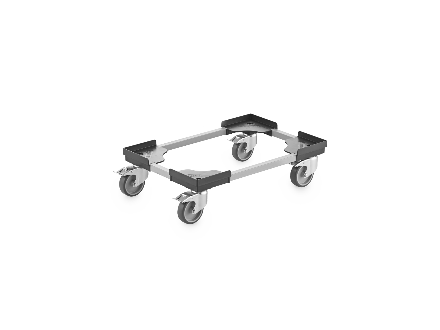 A four-wheeled transport trolley with a metal frame and black plastic corners. It features swivel castors for maneuverability, designed to facilitate the movement of materials in an industrial setting.