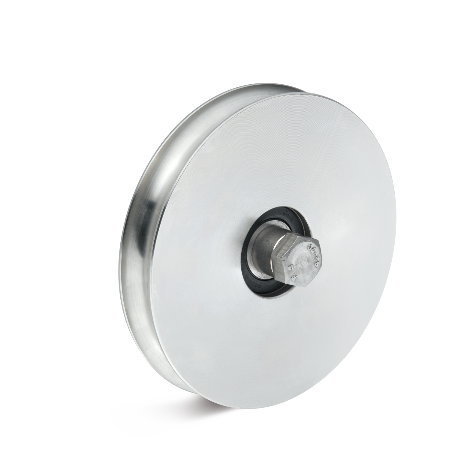 A metallic wheel with a smooth surface features a central hexagonal mounting attachment. It is positioned at an angle, set against a plain black background, suitable for industrial applications.