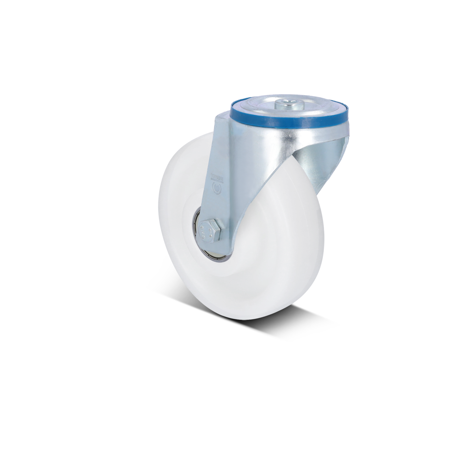 A swivel castor with a white wheel is mounted on a metallic bracket. The bracket is secured with a bolt, showcasing a smooth, clean design suitable for industrial applications.