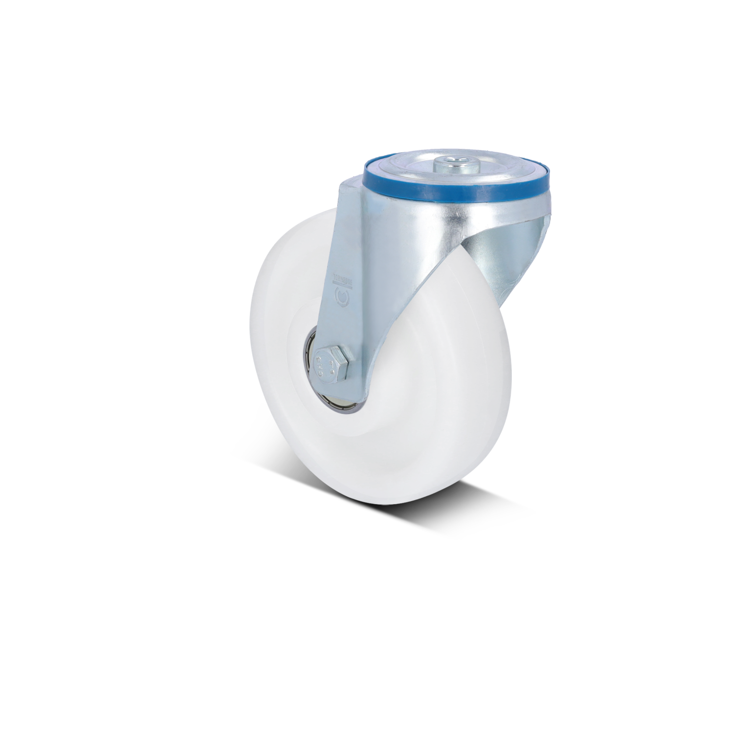 A swivel castor with a white wheel is mounted on a metallic bracket. The bracket is secured with a bolt, showcasing a smooth, clean design suitable for industrial applications.