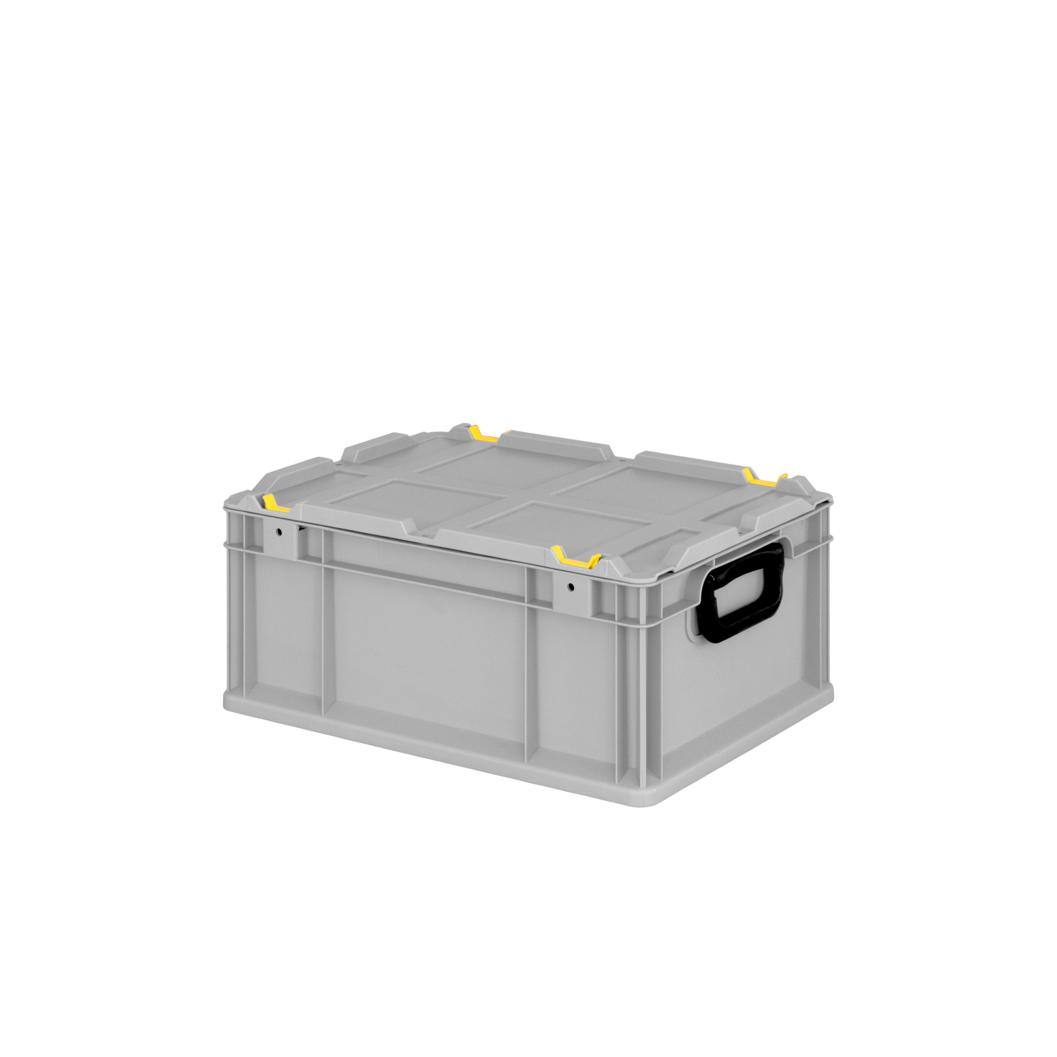 Grau gefärbte Transportbox mit gelben Clipverschlüssen und schwarzem Griff. Sie hat eine rechteckige Form und ist so gestaltet, dass sie stapelbar ist. Der Hintergrund ist schwarz.