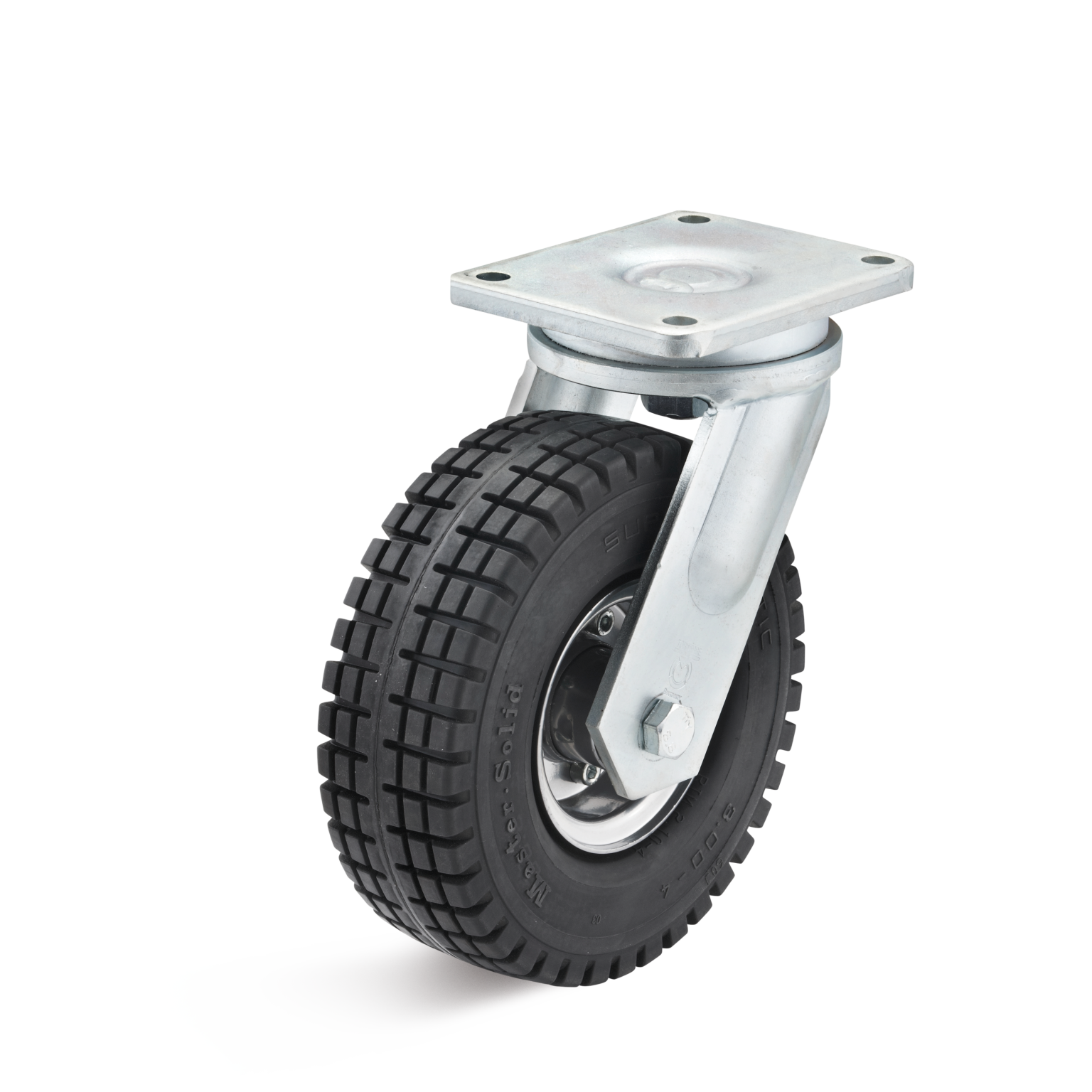 A heavy-duty wheel castor features a robust rubber tire with a tread pattern, mounted on a metal swivel bracket with a square plate. Its setting implies suitability for industrial transport applications.