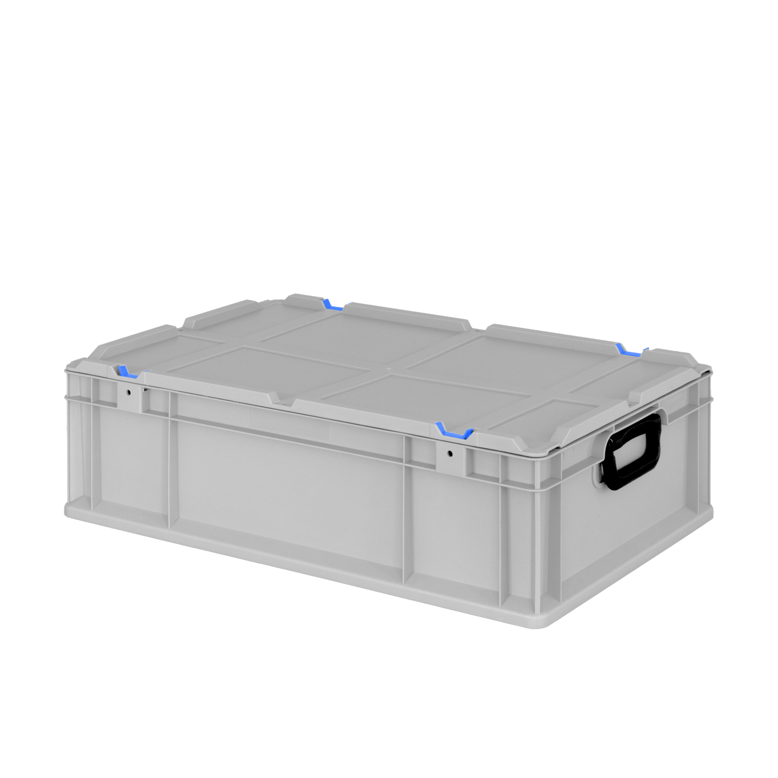 A rectangular, gray plastic storage box with a flat lid, featuring blue accents and a sturdy black handle for easy transport. It is positioned on a simple, unembellished background.